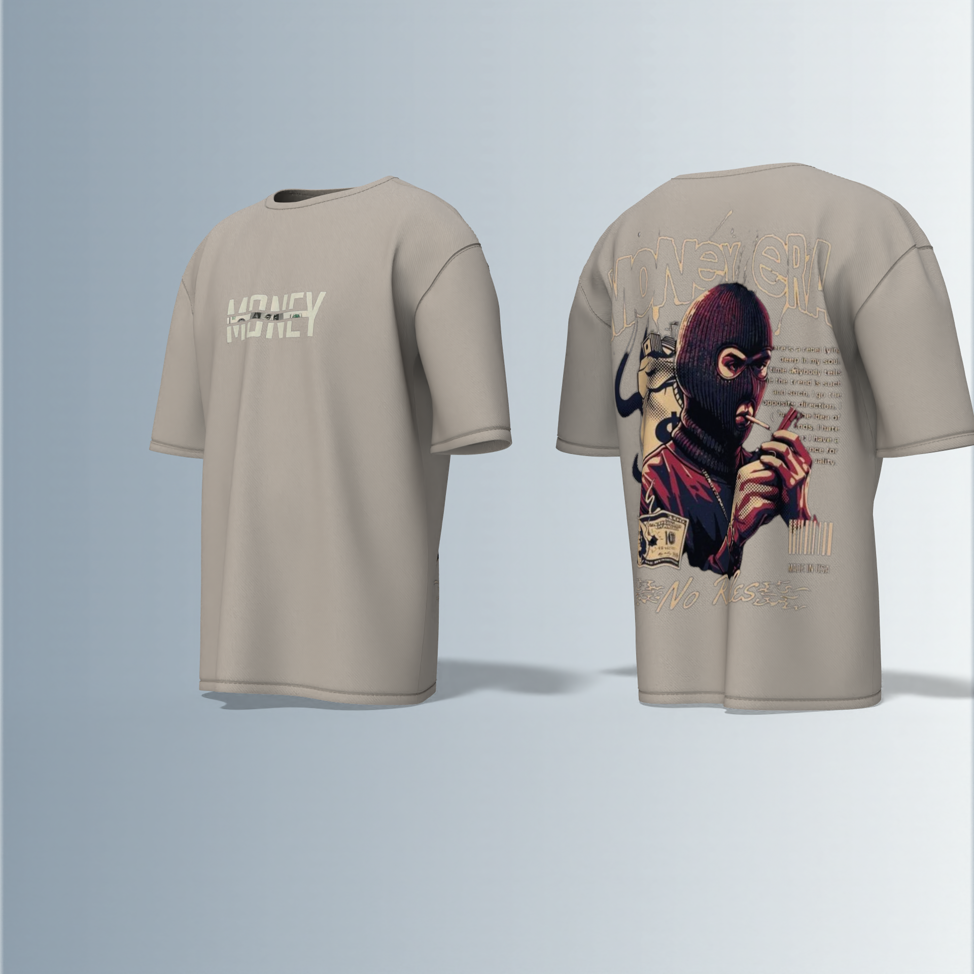 "Oversized Graphic Streetwear T-Shirt – Money Heist Inspired Masked Character Artwork with ‘No Rules’ Slogan & Bold Typography"