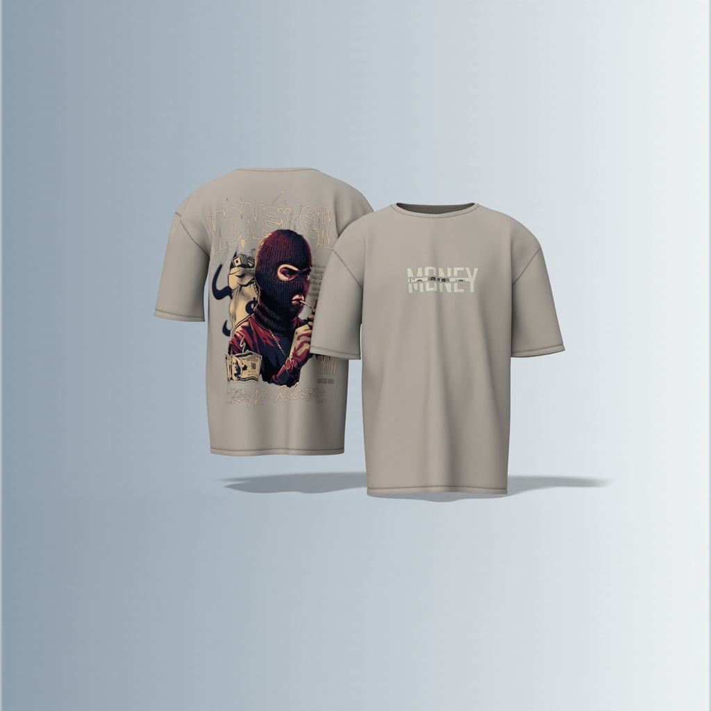 "Oversized Graphic Streetwear T-Shirt – Money Heist Inspired Masked Character Artwork with ‘No Rules’ Slogan & Bold Typography"