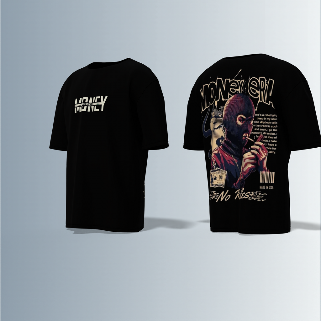 "Oversized Graphic Streetwear T-Shirt – Money Heist Inspired Masked Character Artwork with ‘No Rules’ Slogan & Bold Typography"