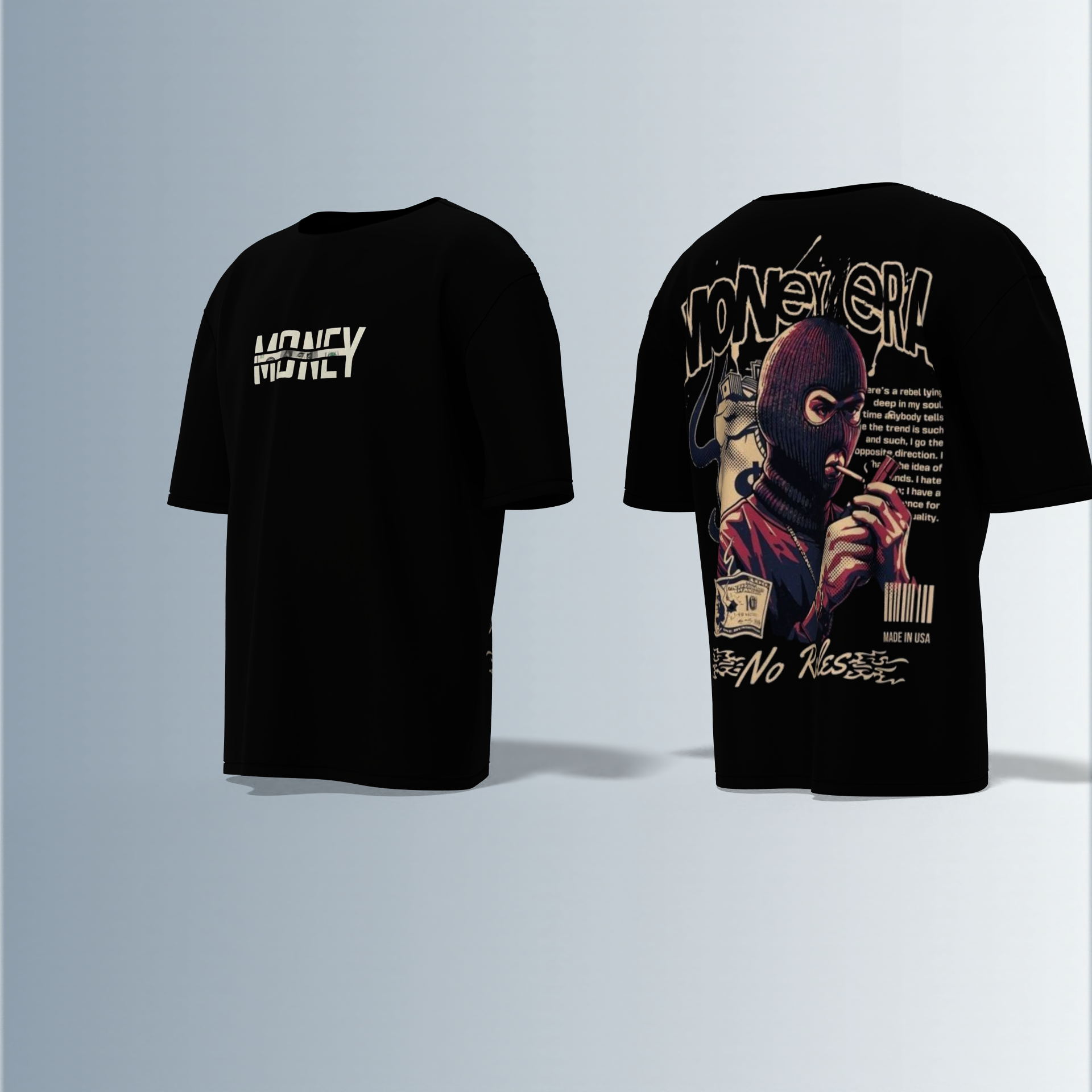 "Oversized Graphic Streetwear T-Shirt – Money Heist Inspired Masked Character Artwork with ‘No Rules’ Slogan & Bold Typography"