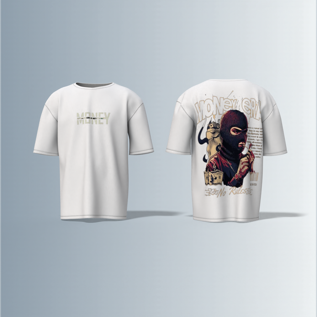 "Oversized Graphic Streetwear T-Shirt – Money Heist Inspired Masked Character Artwork with ‘No Rules’ Slogan & Bold Typography"