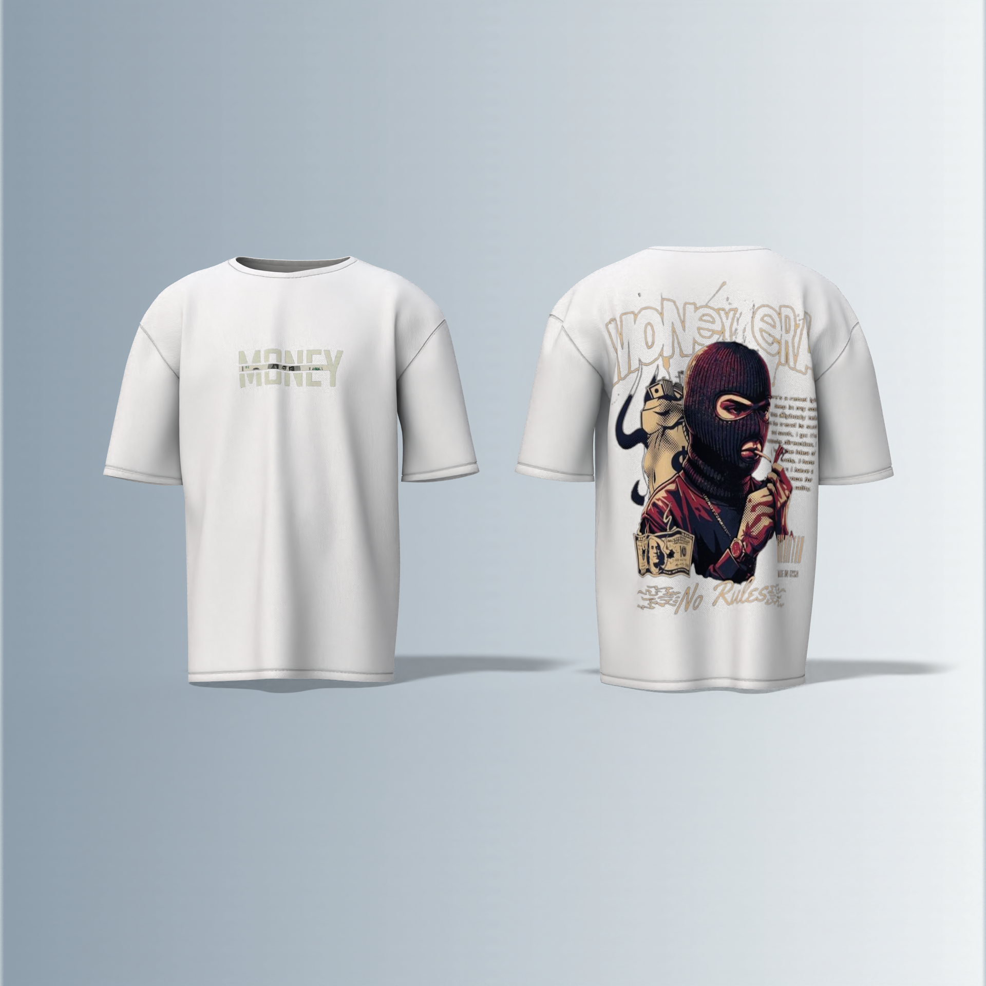 "Oversized Graphic Streetwear T-Shirt – Money Heist Inspired Masked Character Artwork with ‘No Rules’ Slogan & Bold Typography"