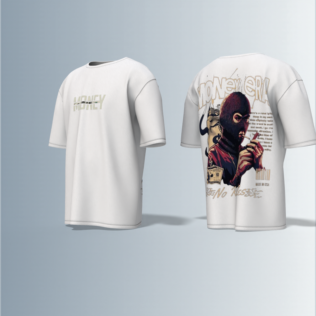 "Oversized Graphic Streetwear T-Shirt – Money Heist Inspired Masked Character Artwork with ‘No Rules’ Slogan & Bold Typography"