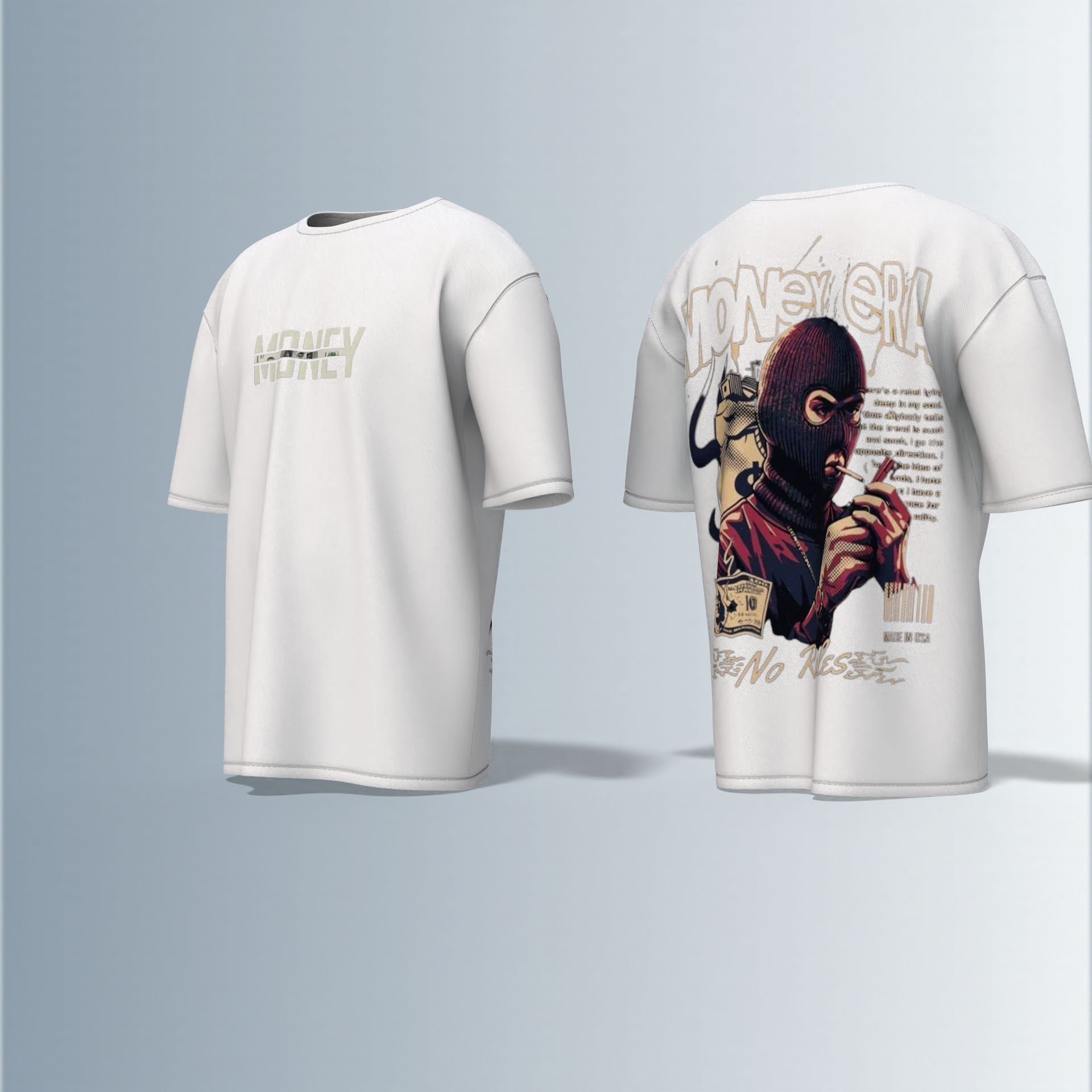 "Oversized Graphic Streetwear T-Shirt – Money Heist Inspired Masked Character Artwork with ‘No Rules’ Slogan & Bold Typography"