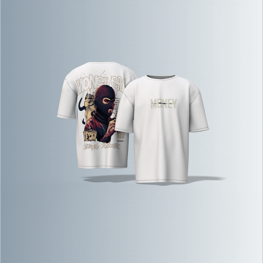 "Oversized Graphic Streetwear T-Shirt – Money Heist Inspired Masked Character Artwork with ‘No Rules’ Slogan & Bold Typography"