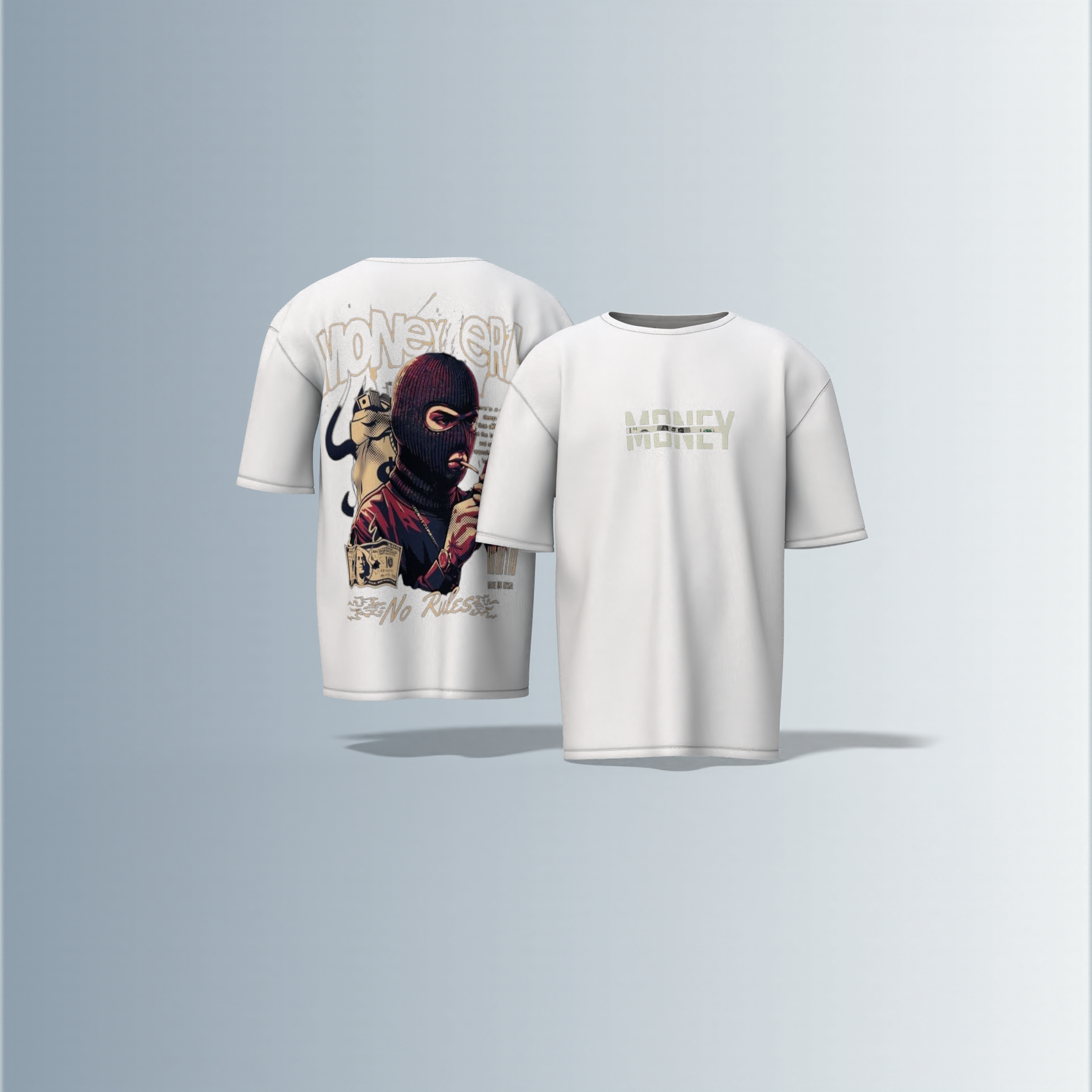 "Oversized Graphic Streetwear T-Shirt – Money Heist Inspired Masked Character Artwork with ‘No Rules’ Slogan & Bold Typography"
