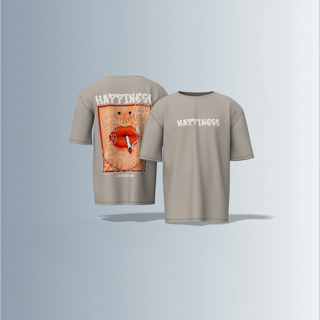 "Oversized Streetwear Graphic T-Shirt – Bold ‘Happiness’ Typography with Vibrant Lip Art & Playful Doodle Elements"