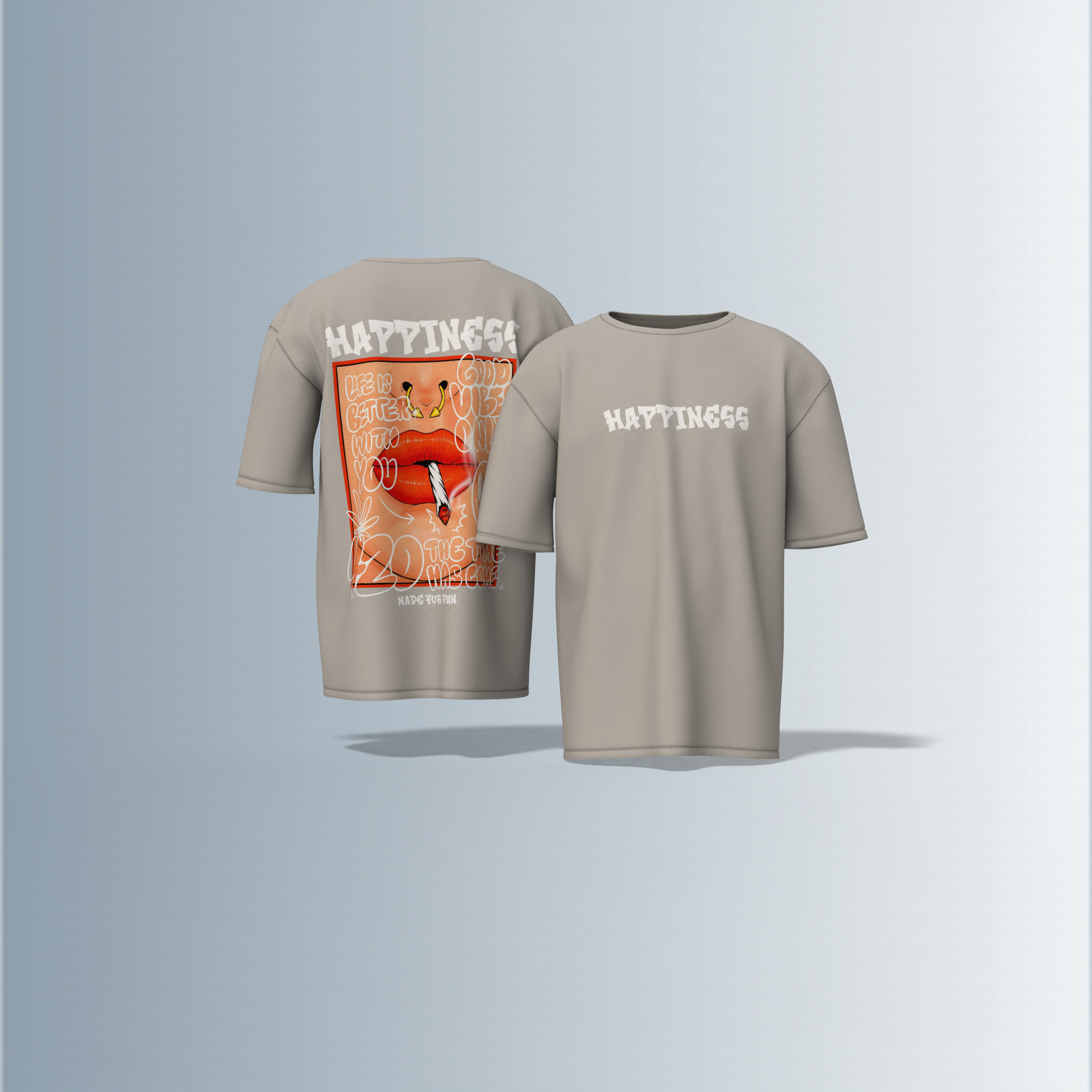 "Oversized Streetwear Graphic T-Shirt – Bold ‘Happiness’ Typography with Vibrant Lip Art & Playful Doodle Elements"
