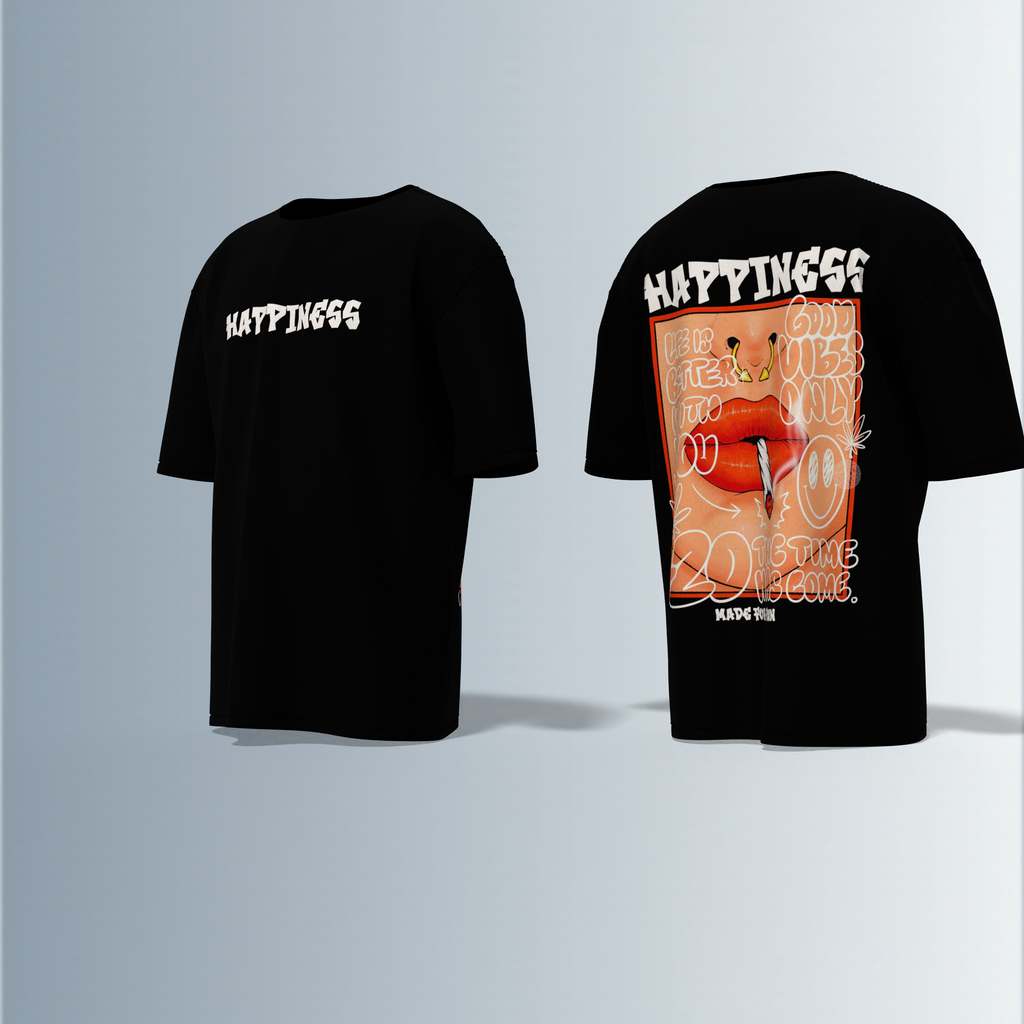 "Oversized Streetwear Graphic T-Shirt – Bold ‘Happiness’ Typography with Vibrant Lip Art & Playful Doodle Elements"