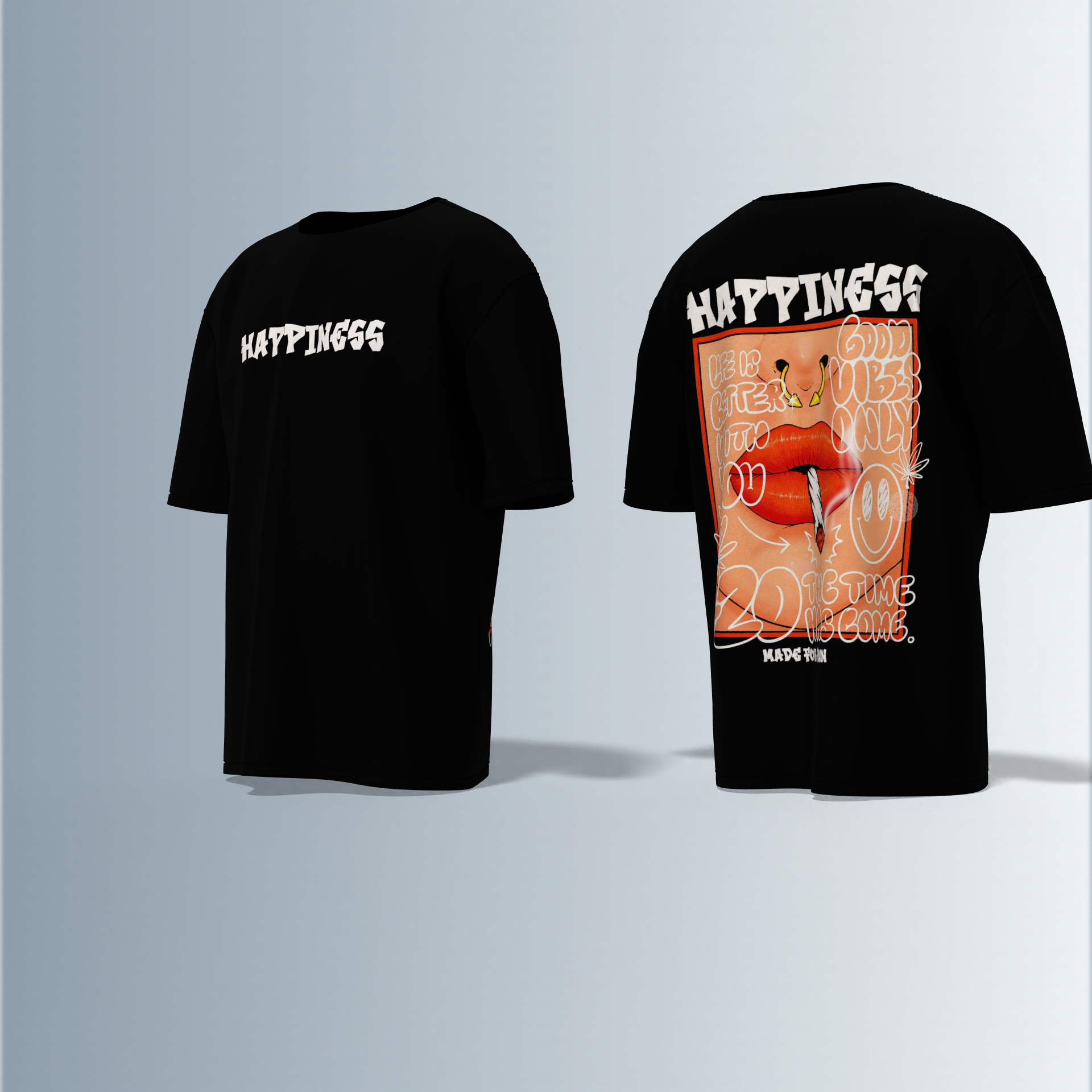 "Oversized Streetwear Graphic T-Shirt – Bold ‘Happiness’ Typography with Vibrant Lip Art & Playful Doodle Elements"