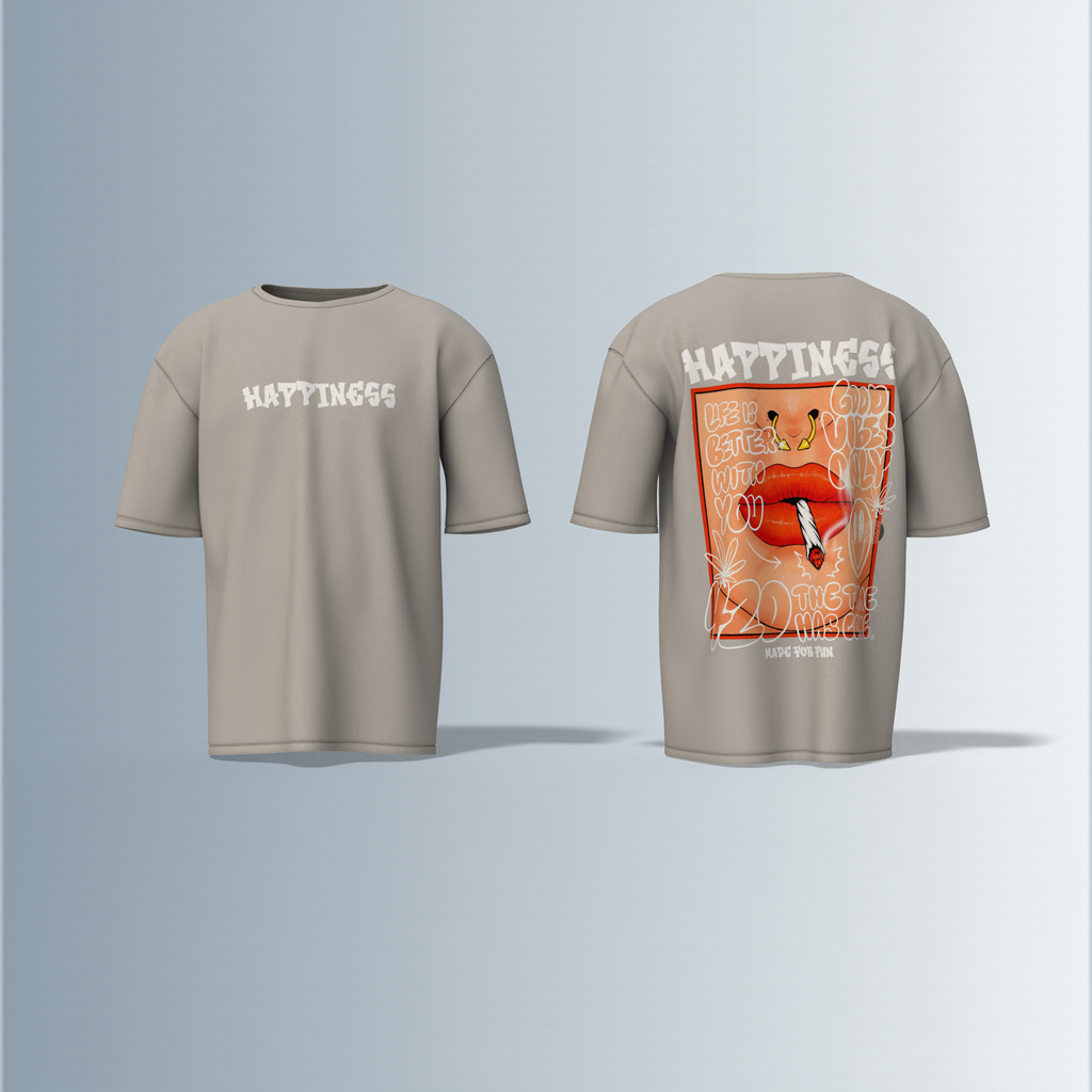 "Oversized Streetwear Graphic T-Shirt – Bold ‘Happiness’ Typography with Vibrant Lip Art & Playful Doodle Elements"