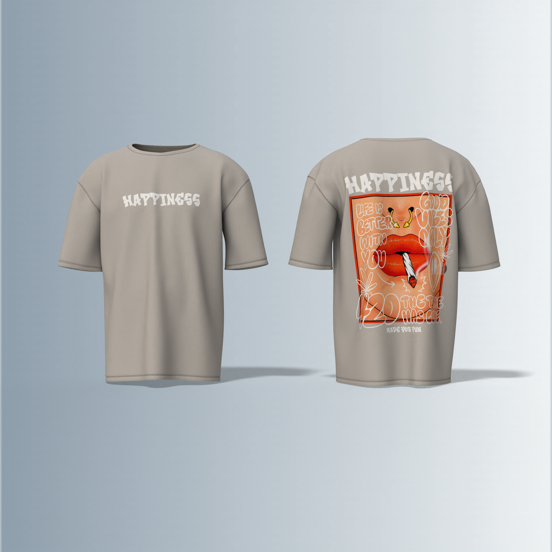 "Oversized Streetwear Graphic T-Shirt – Bold ‘Happiness’ Typography with Vibrant Lip Art & Playful Doodle Elements"