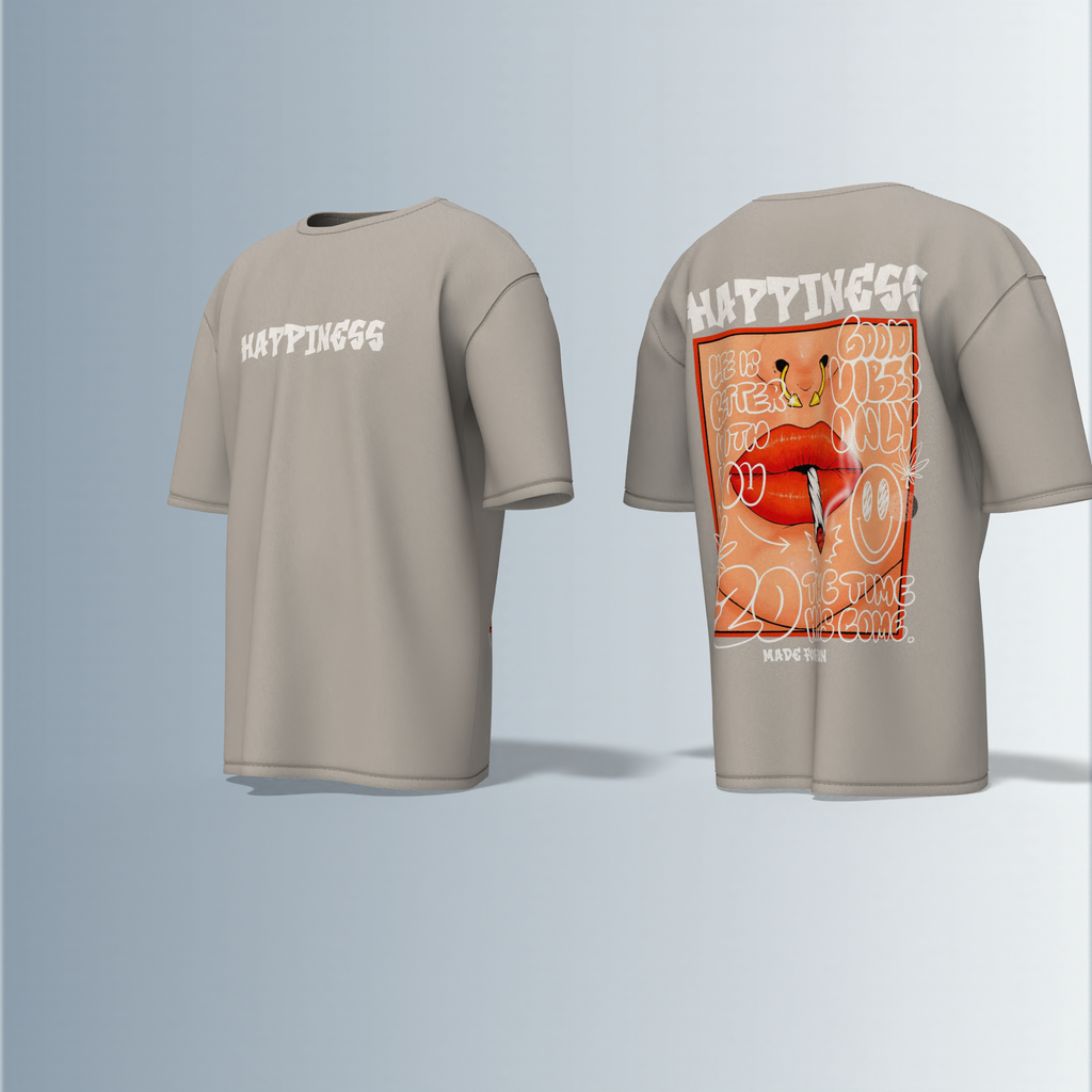 "Oversized Streetwear Graphic T-Shirt – Bold ‘Happiness’ Typography with Vibrant Lip Art & Playful Doodle Elements"