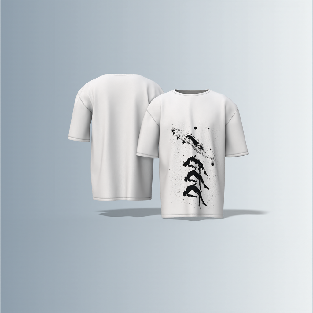 "Oversized Artistic Streetwear T-Shirt – Abstract Ink Splash Design with Minimalist Mountain & Nature-Inspired Graphic"