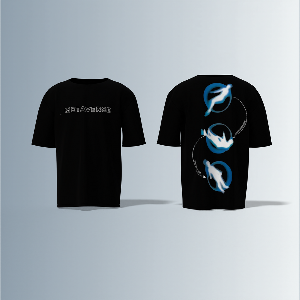 "Oversized Futuristic Streetwear T-Shirt – ‘Metaverse’ Typography with Digital Floating Human Figures & Virtual Reality Inspired Artwork"