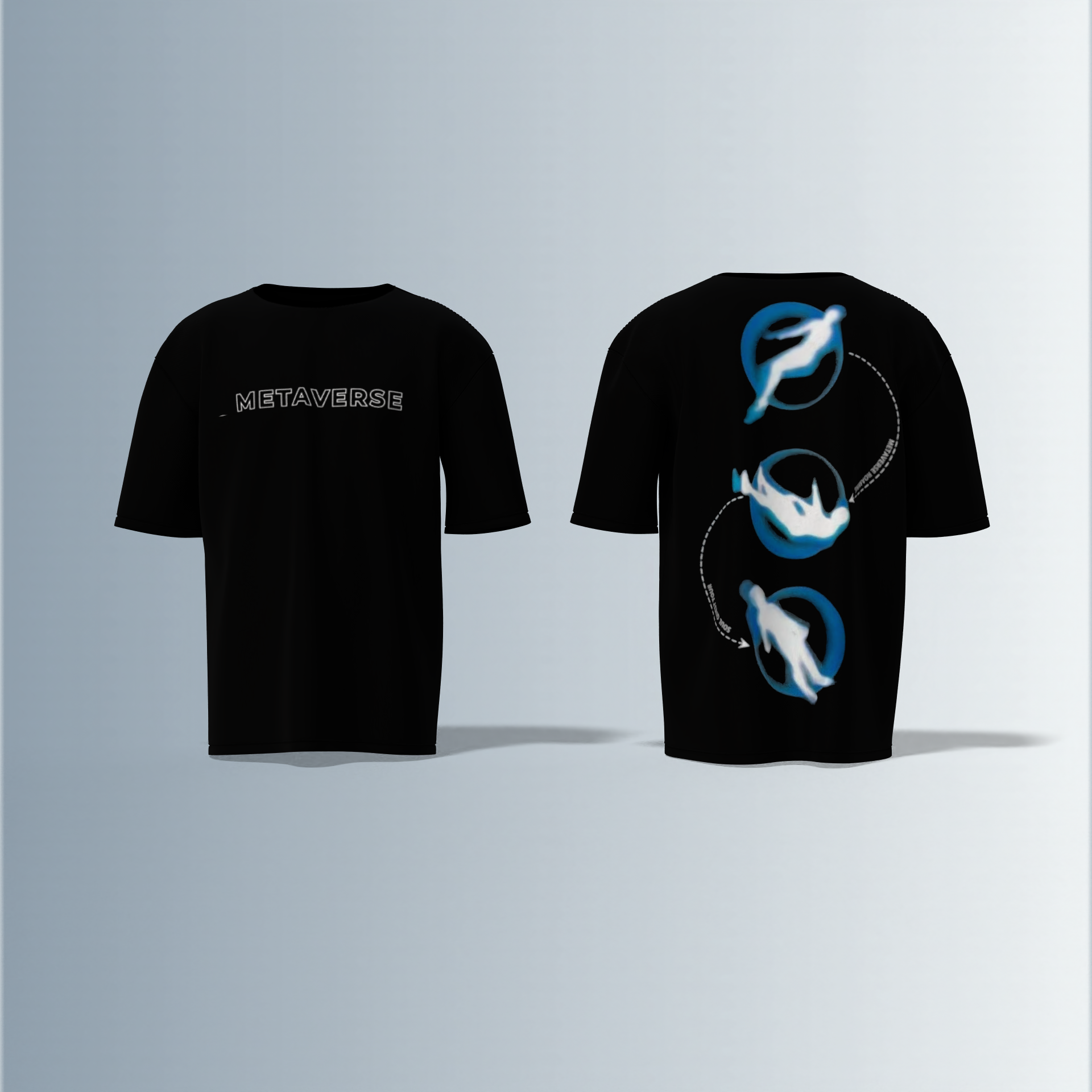 "Oversized Futuristic Streetwear T-Shirt – ‘Metaverse’ Typography with Digital Floating Human Figures & Virtual Reality Inspired Artwork"