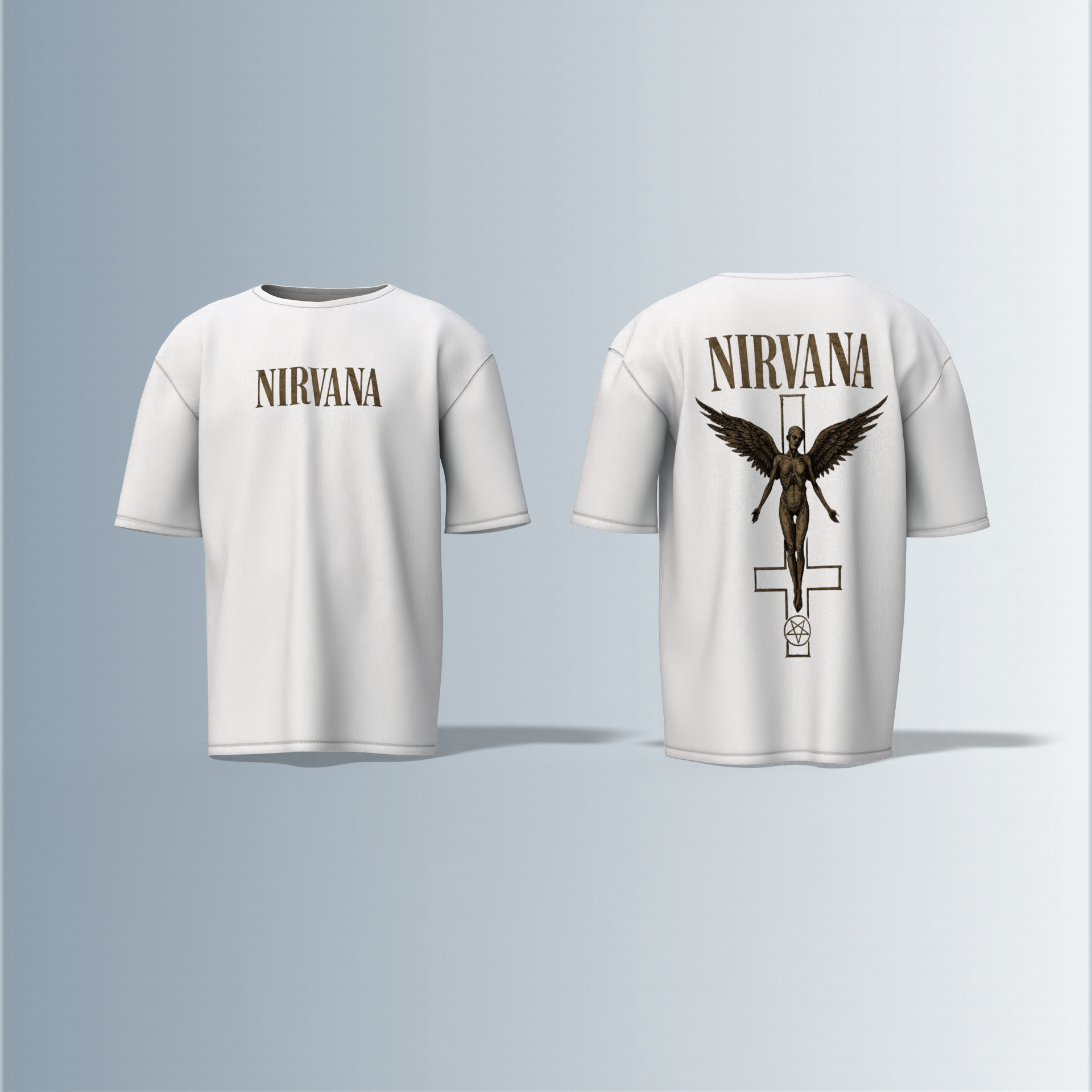 "Oversized Vintage Band Streetwear T-Shirt – Iconic ‘Nirvana’ Typography with Angel & Cross-Inspired Graphic Design"