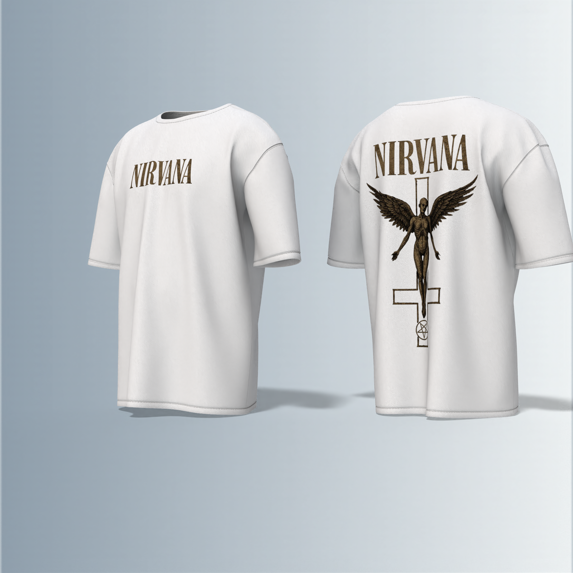 "Oversized Vintage Band Streetwear T-Shirt – Iconic ‘Nirvana’ Typography with Angel & Cross-Inspired Graphic Design"
