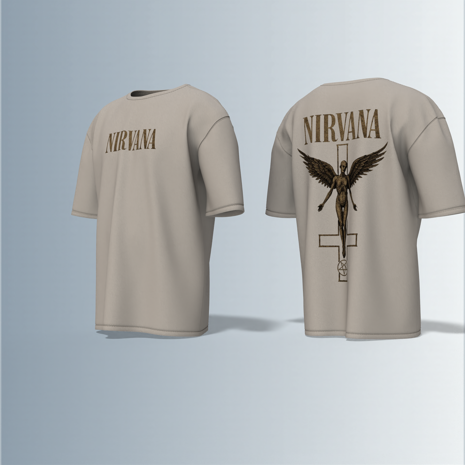 "Oversized Vintage Band Streetwear T-Shirt – Iconic ‘Nirvana’ Typography with Angel & Cross-Inspired Graphic Design"