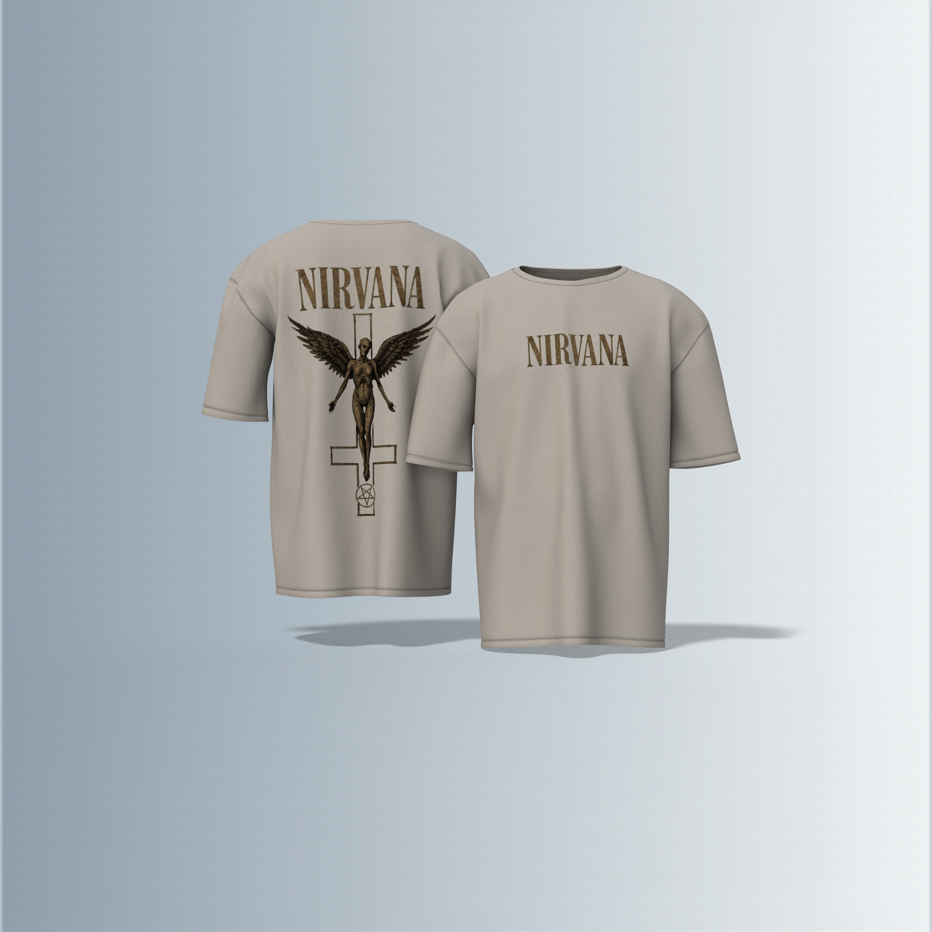 "Oversized Vintage Band Streetwear T-Shirt – Iconic ‘Nirvana’ Typography with Angel & Cross-Inspired Graphic Design"