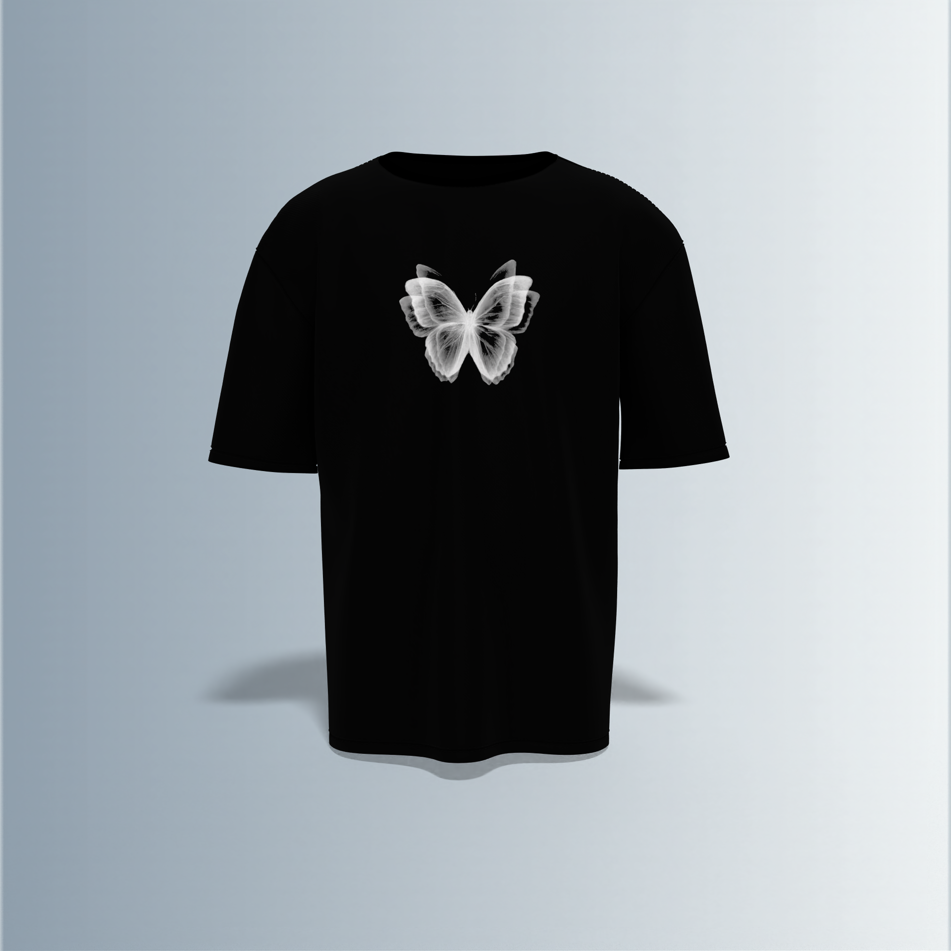 "Oversized Minimal Streetwear T-Shirt – Monochrome Butterfly Front Graphic with Motivational Quote Back Print"