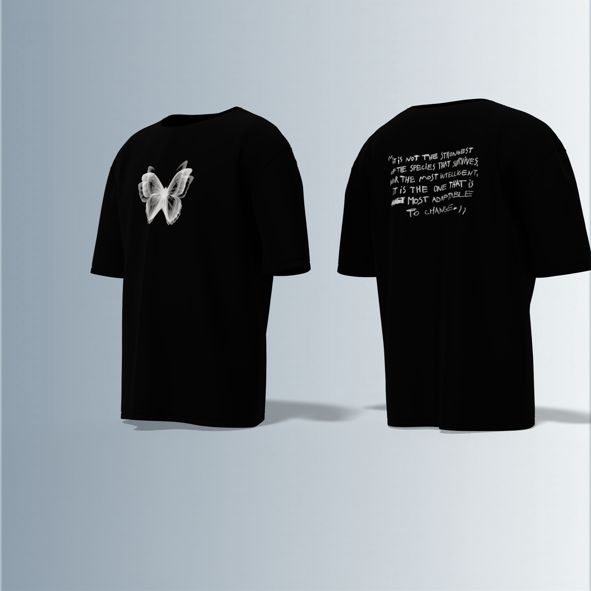 "Oversized Minimal Streetwear T-Shirt – Monochrome Butterfly Front Graphic with Motivational Quote Back Print"