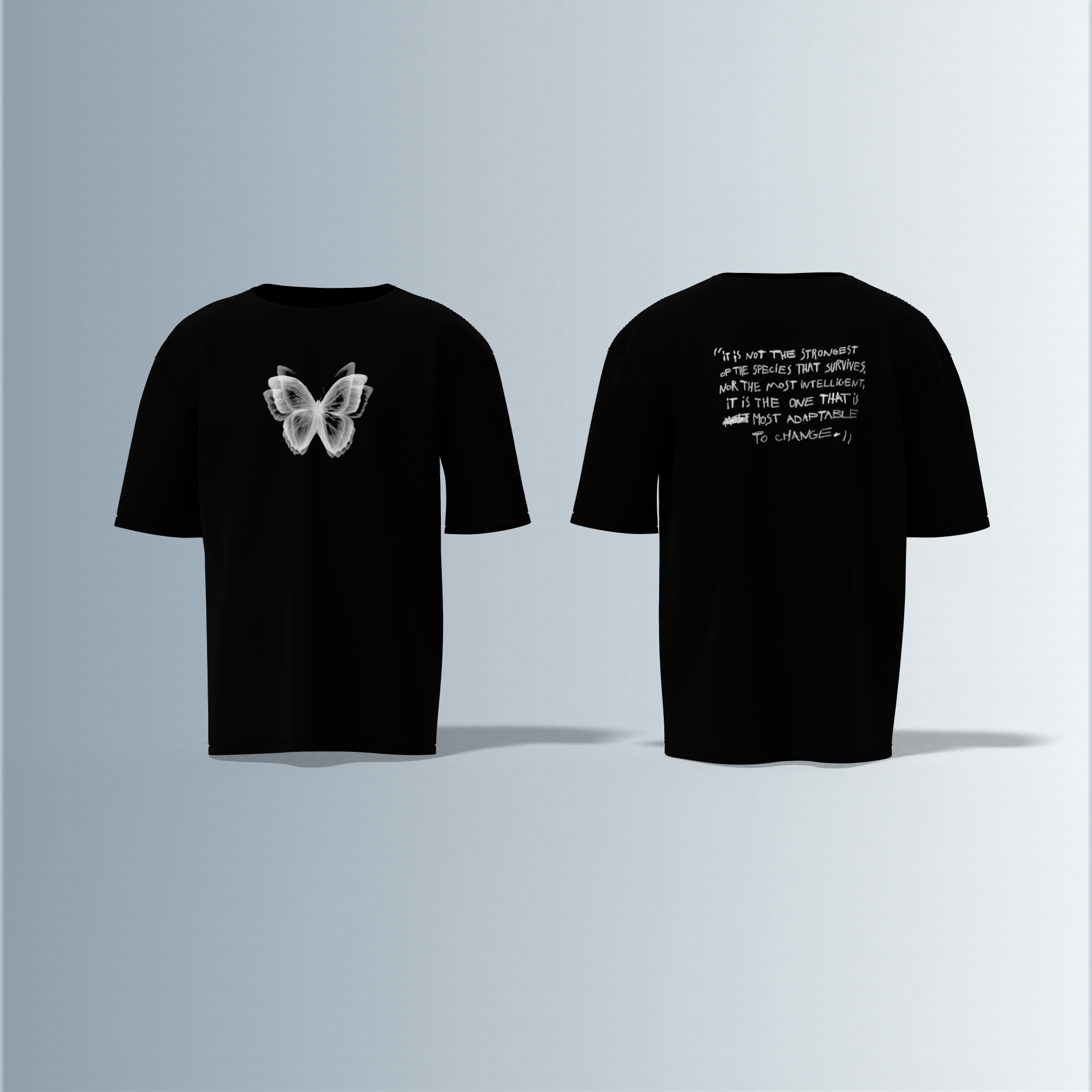 "Oversized Minimal Streetwear T-Shirt – Monochrome Butterfly Front Graphic with Motivational Quote Back Print"