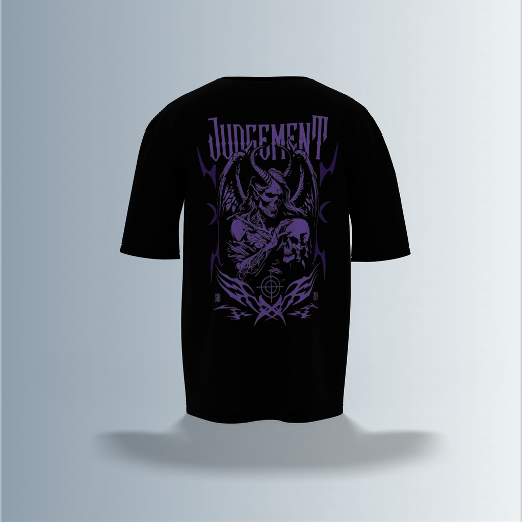 "Oversized Gothic Streetwear T-Shirt – Dark ‘Judgement’ Typography with Grim Reaper & Skull Graphic Artwork"