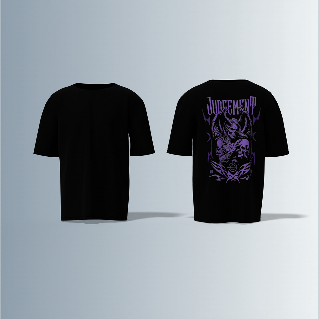 "Oversized Gothic Streetwear T-Shirt – Dark ‘Judgement’ Typography with Grim Reaper & Skull Graphic Artwork"