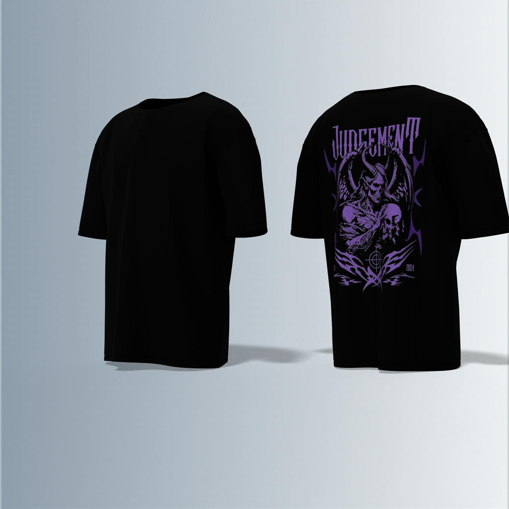 "Oversized Gothic Streetwear T-Shirt – Dark ‘Judgement’ Typography with Grim Reaper & Skull Graphic Artwork"