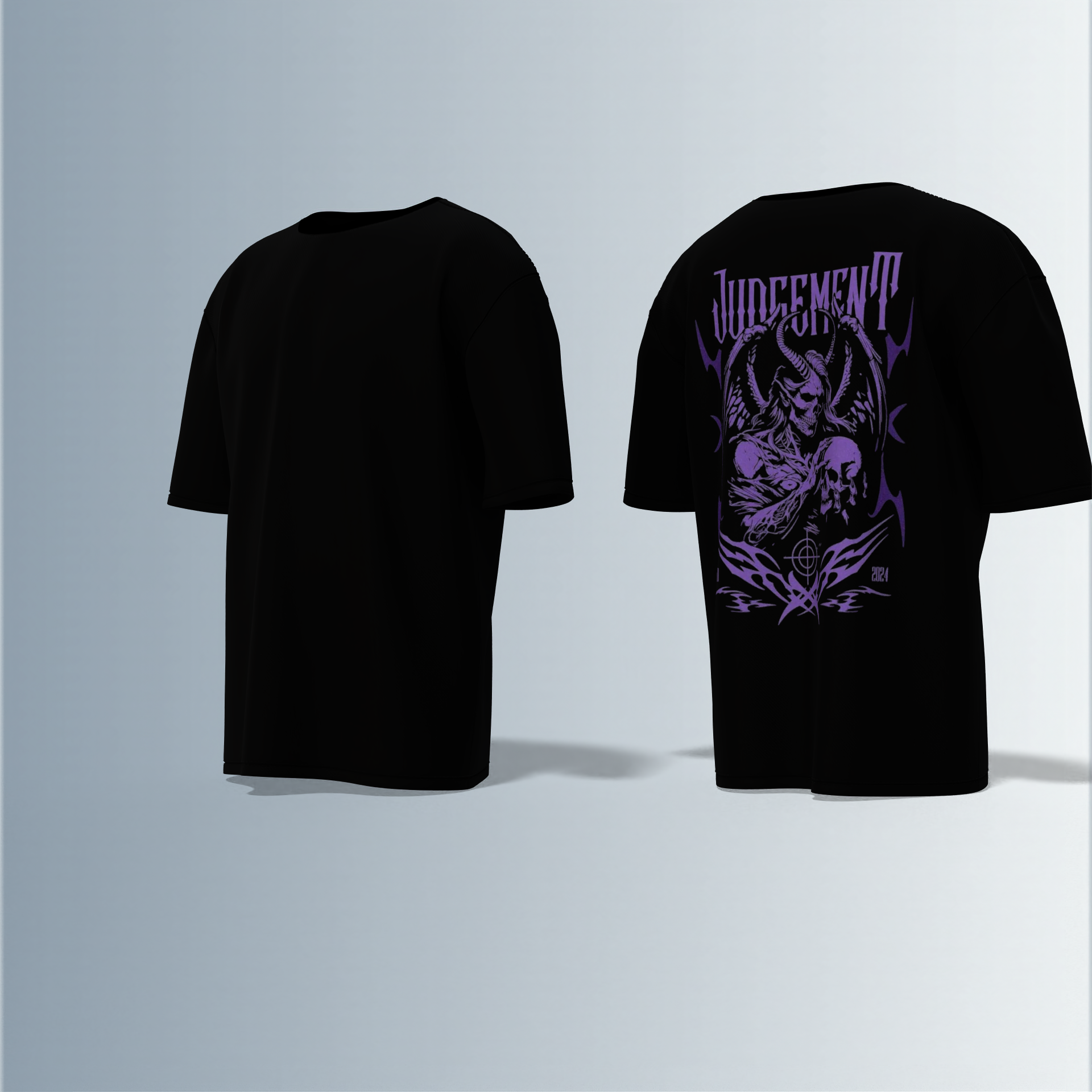 "Oversized Gothic Streetwear T-Shirt – Dark ‘Judgement’ Typography with Grim Reaper & Skull Graphic Artwork"