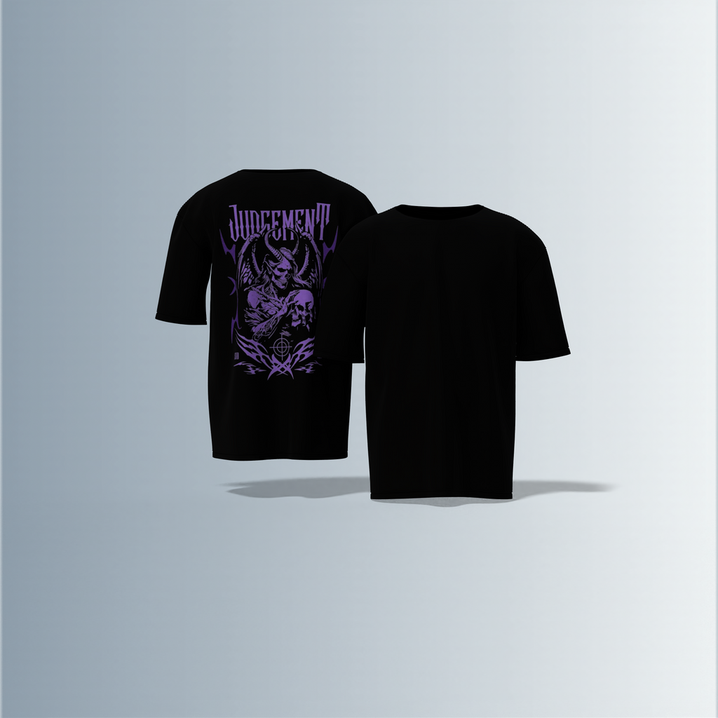 "Oversized Gothic Streetwear T-Shirt – Dark ‘Judgement’ Typography with Grim Reaper & Skull Graphic Artwork"