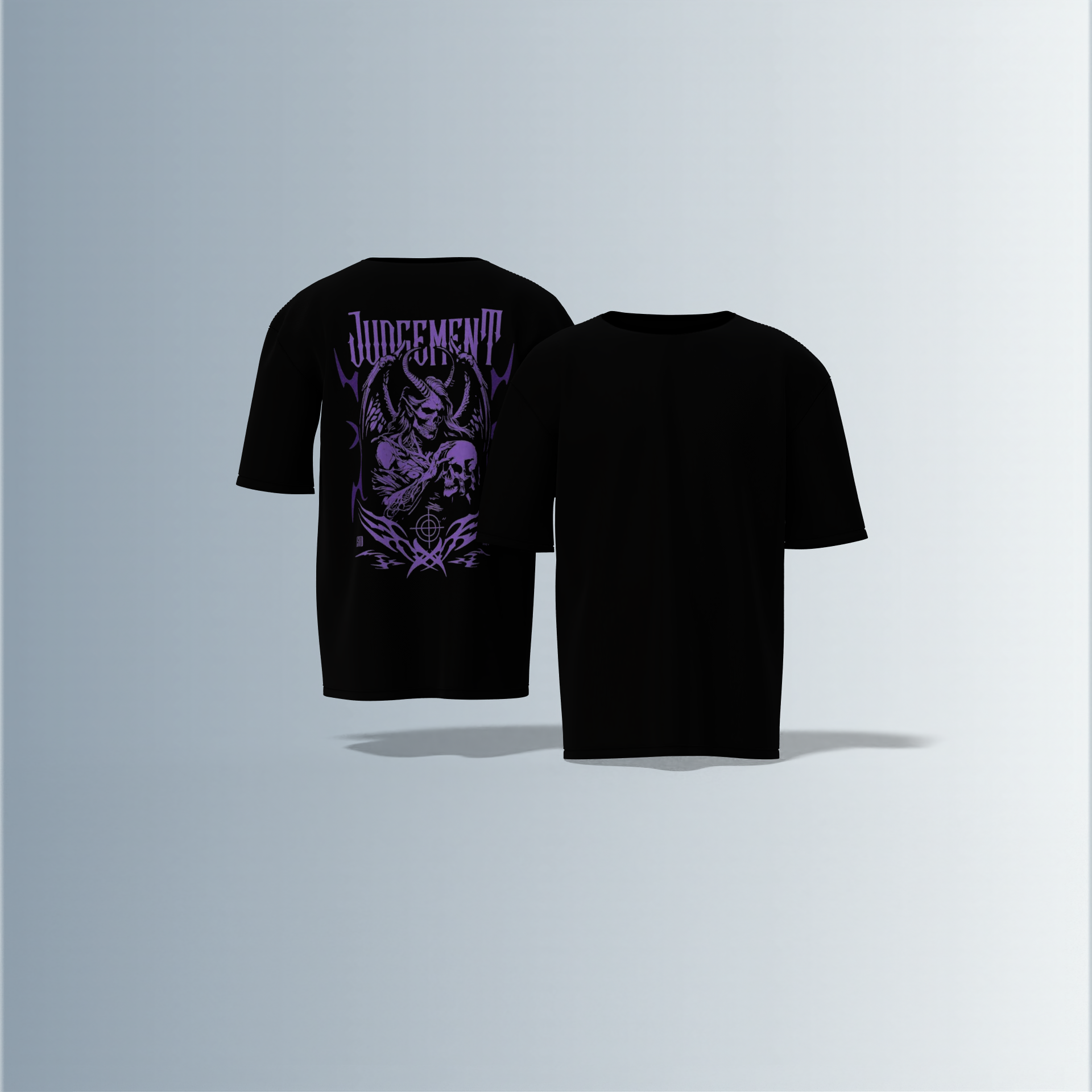 "Oversized Gothic Streetwear T-Shirt – Dark ‘Judgement’ Typography with Grim Reaper & Skull Graphic Artwork"