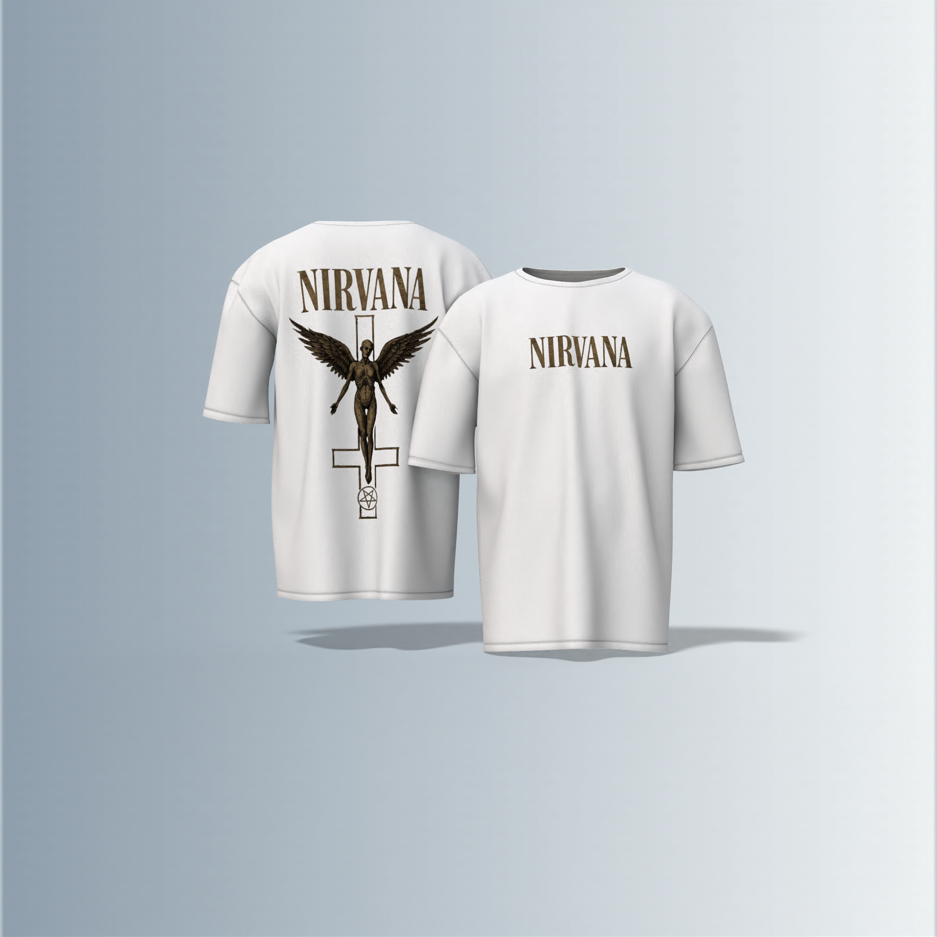 "Oversized Vintage Band Streetwear T-Shirt – Iconic ‘Nirvana’ Typography with Angel & Cross-Inspired Graphic Design"
