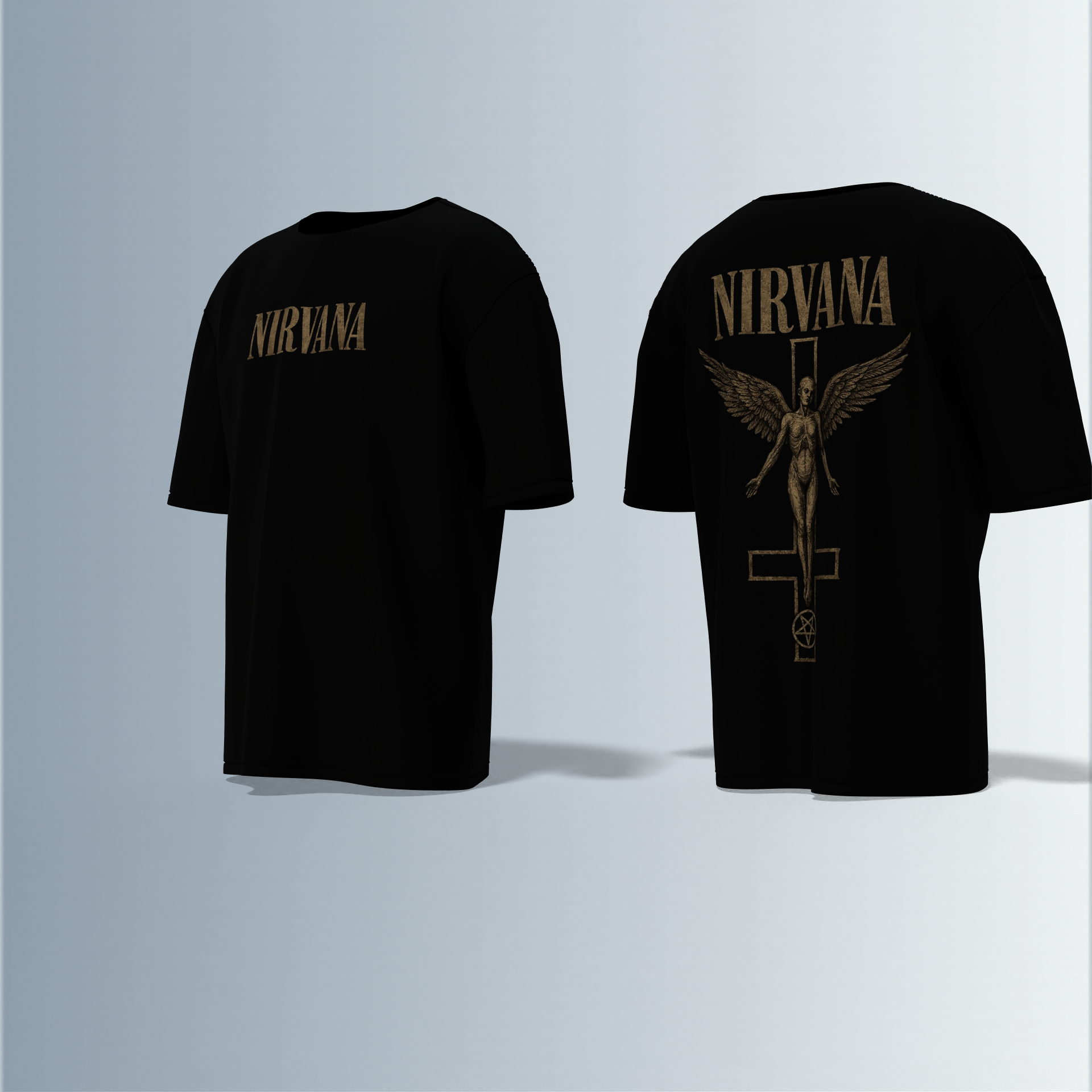 "Oversized Vintage Band Streetwear T-Shirt – Iconic ‘Nirvana’ Typography with Angel & Cross-Inspired Graphic Design"