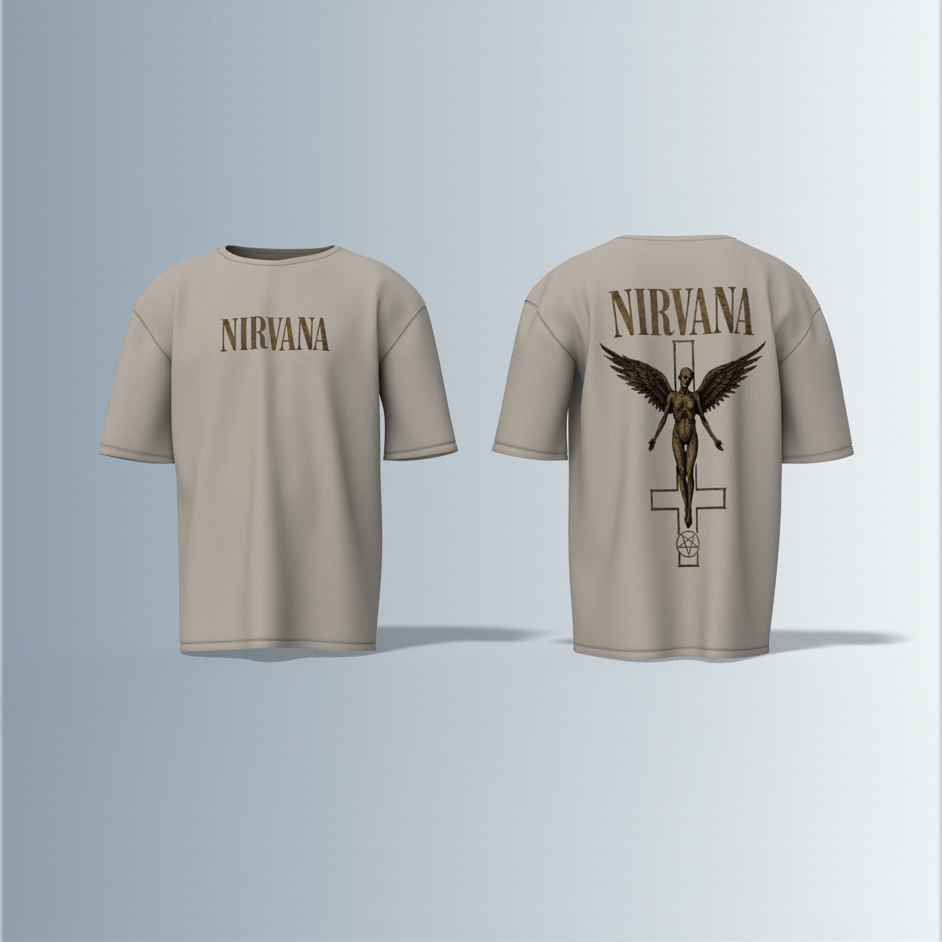 "Oversized Vintage Band Streetwear T-Shirt – Iconic ‘Nirvana’ Typography with Angel & Cross-Inspired Graphic Design"