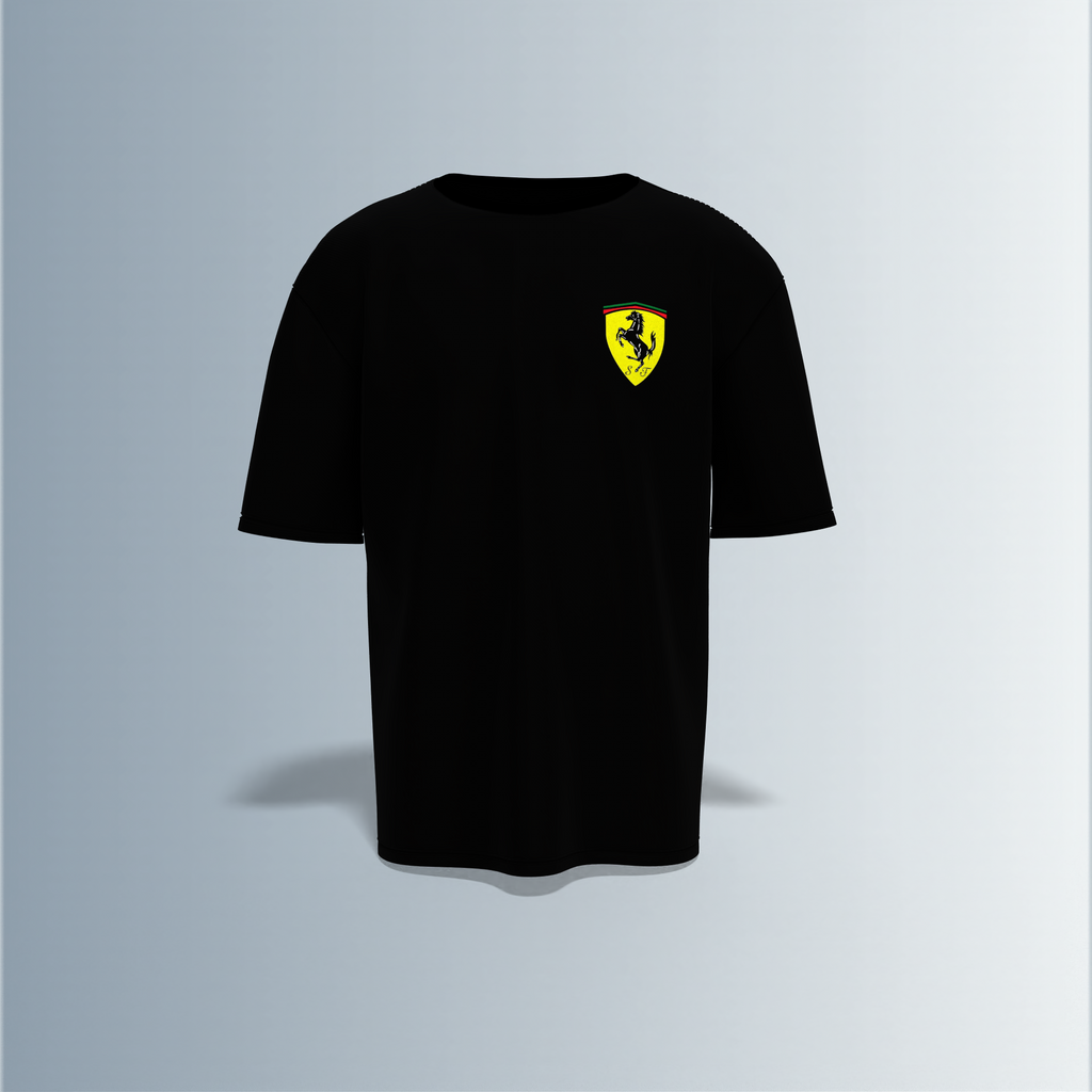 "Oversized Motorsport Streetwear T-Shirt – Scuderia Ferrari F1-Inspired Design with Technical Car Blueprints & Racing Graphics"