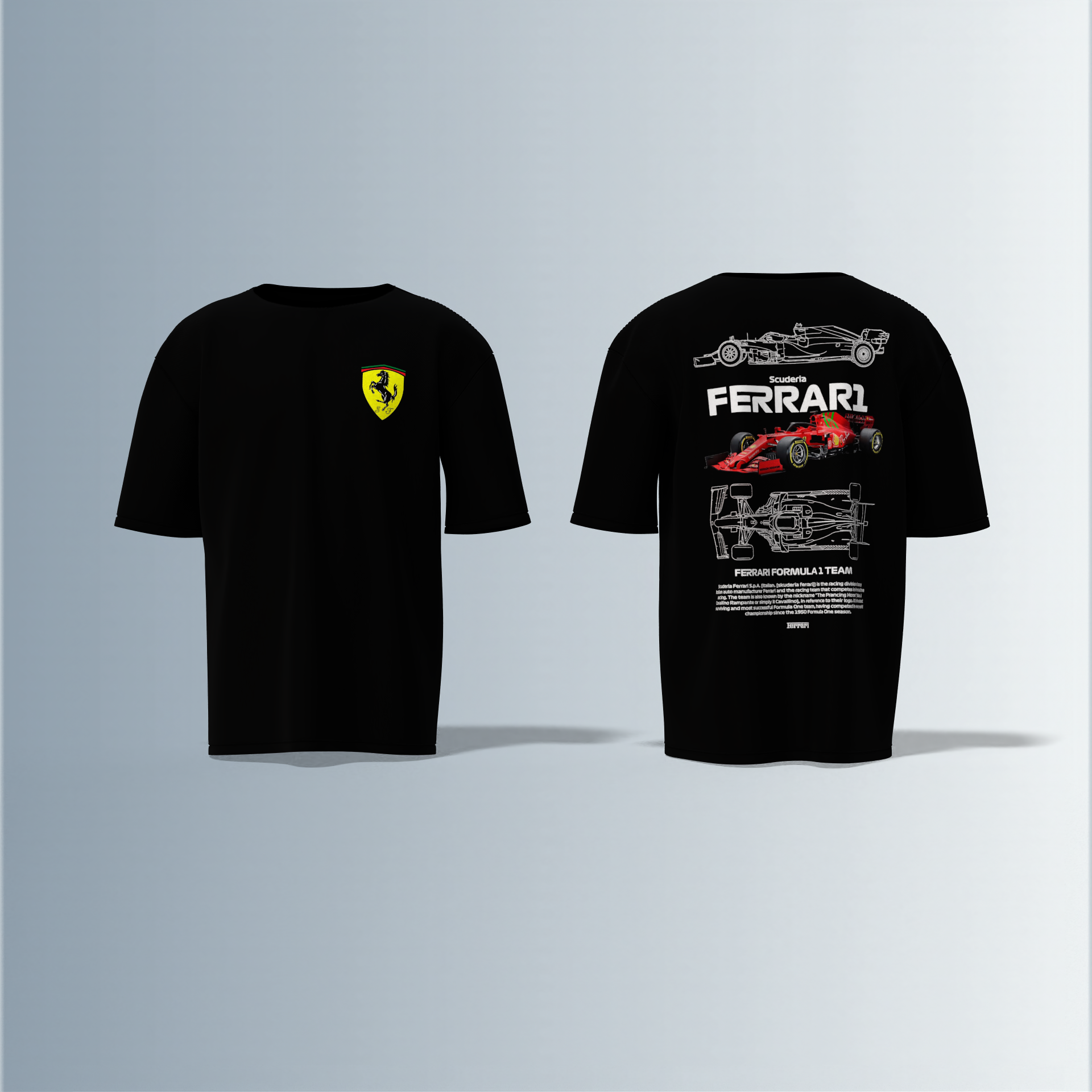 "Oversized Motorsport Streetwear T-Shirt – Scuderia Ferrari F1-Inspired Design with Technical Car Blueprints & Racing Graphics"