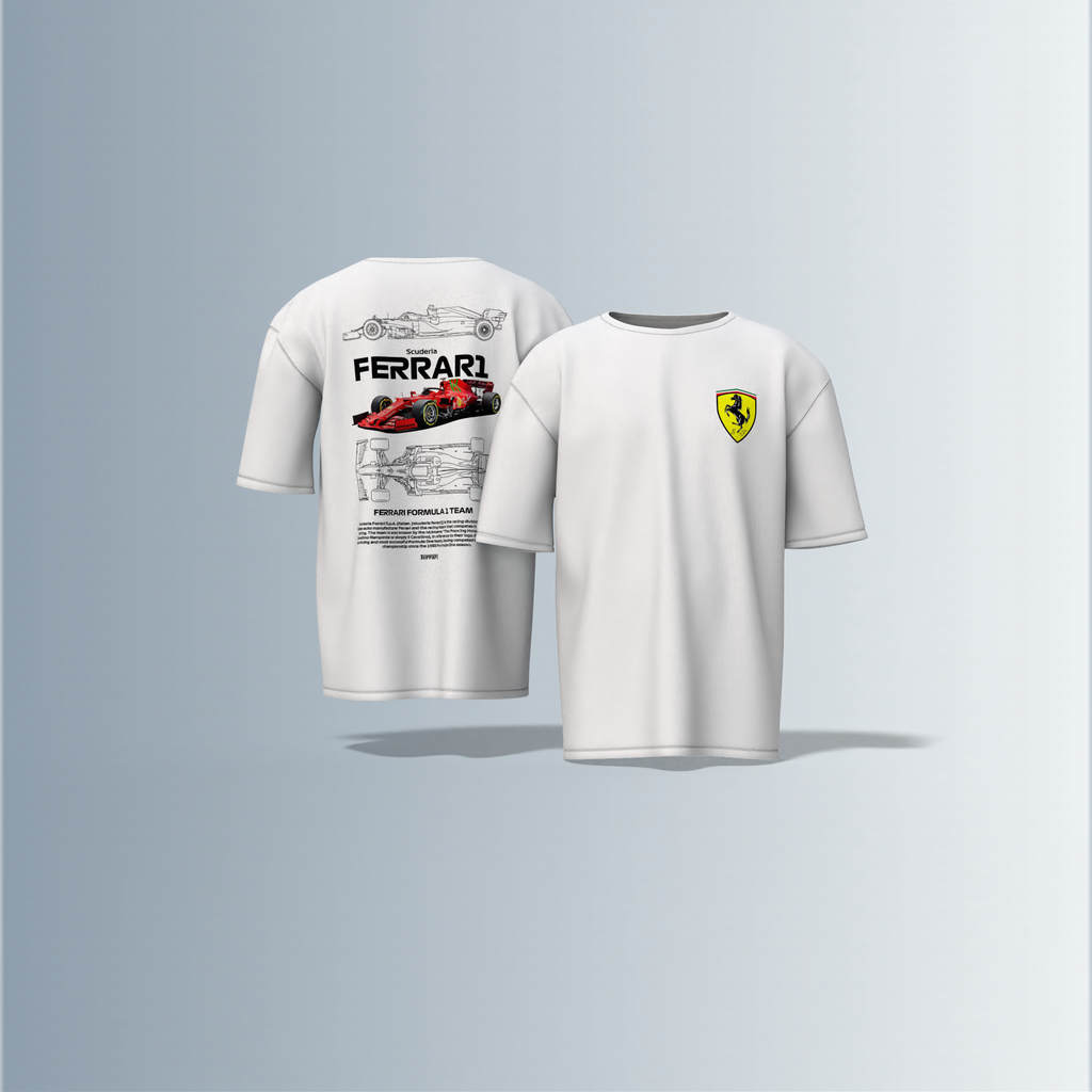 "Oversized Motorsport Streetwear T-Shirt – Scuderia Ferrari F1-Inspired Design with Technical Car Blueprints & Racing Graphics"
