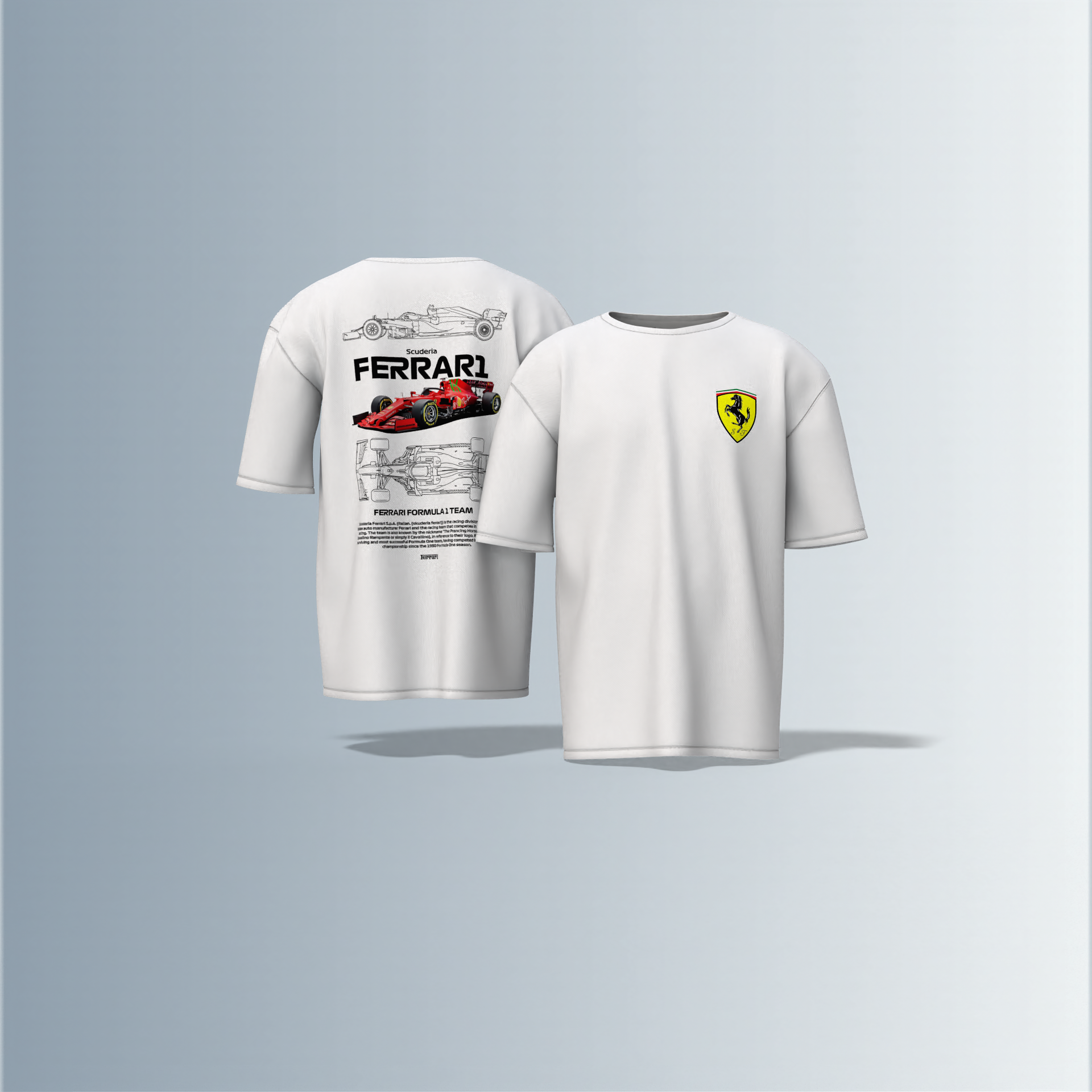 "Oversized Motorsport Streetwear T-Shirt – Scuderia Ferrari F1-Inspired Design with Technical Car Blueprints & Racing Graphics"