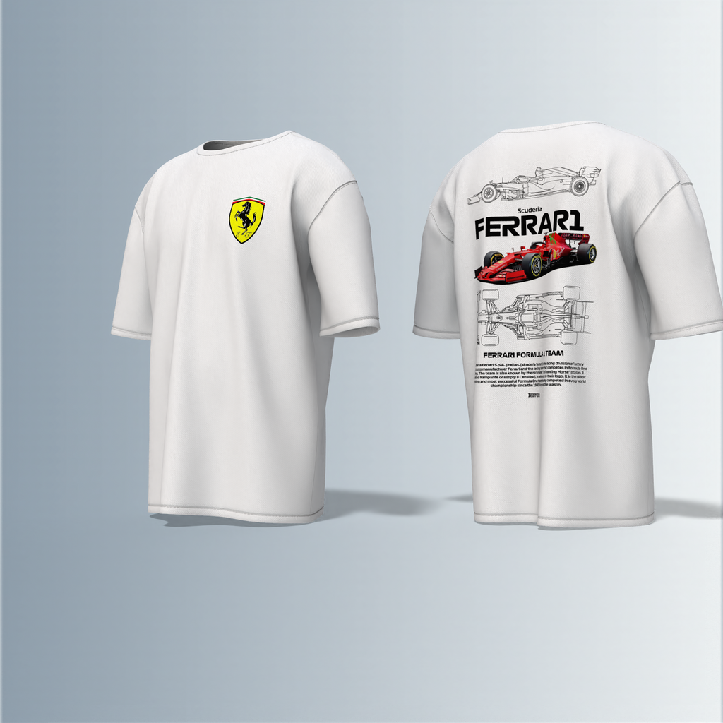 "Oversized Motorsport Streetwear T-Shirt – Scuderia Ferrari F1-Inspired Design with Technical Car Blueprints & Racing Graphics"