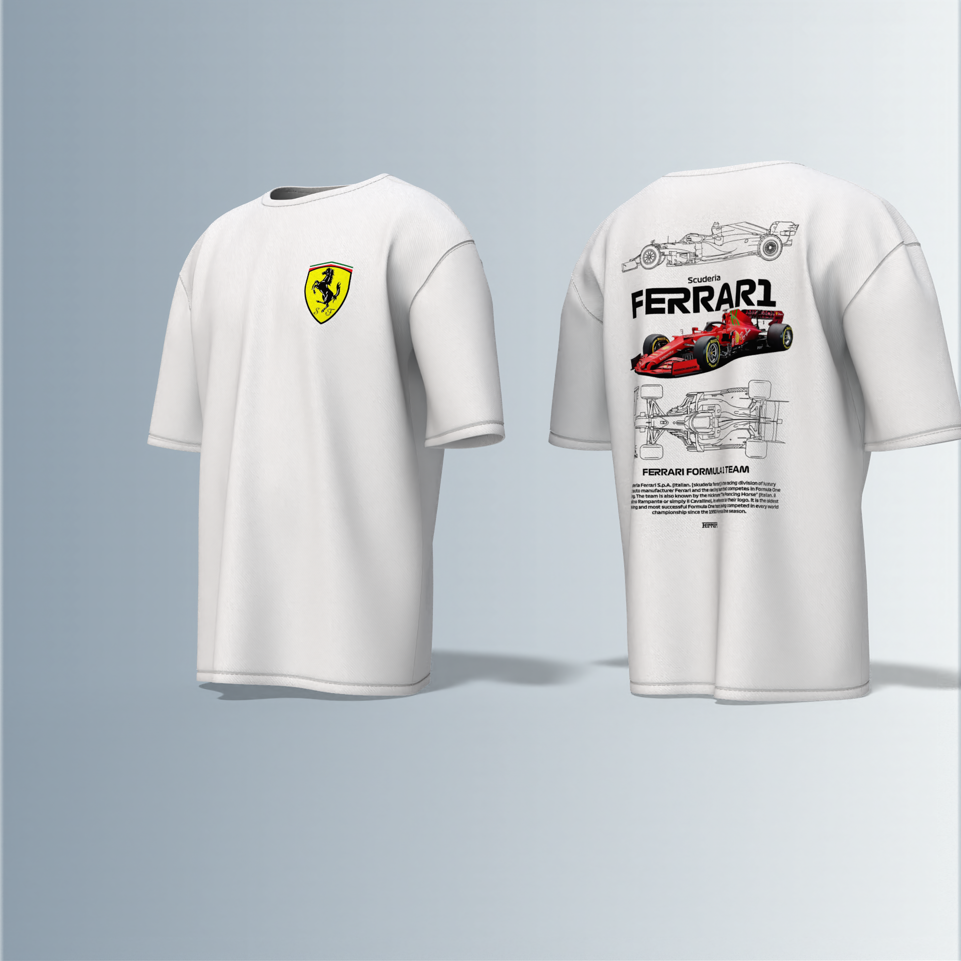 "Oversized Motorsport Streetwear T-Shirt – Scuderia Ferrari F1-Inspired Design with Technical Car Blueprints & Racing Graphics"