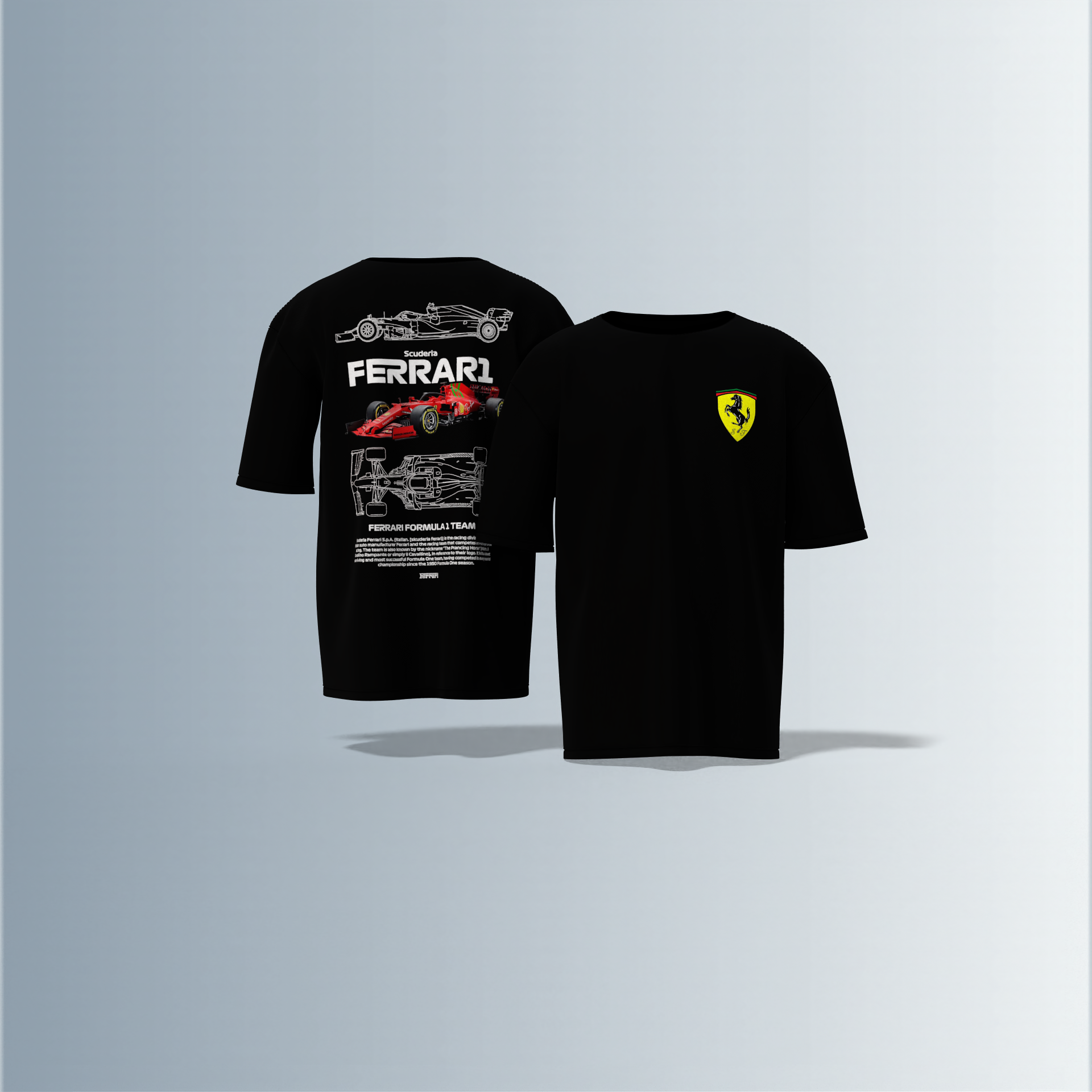 "Oversized Motorsport Streetwear T-Shirt – Scuderia Ferrari F1-Inspired Design with Technical Car Blueprints & Racing Graphics"