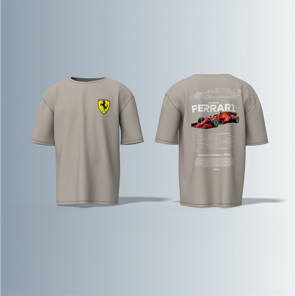 "Oversized Motorsport Streetwear T-Shirt – Scuderia Ferrari F1-Inspired Design with Technical Car Blueprints & Racing Graphics"