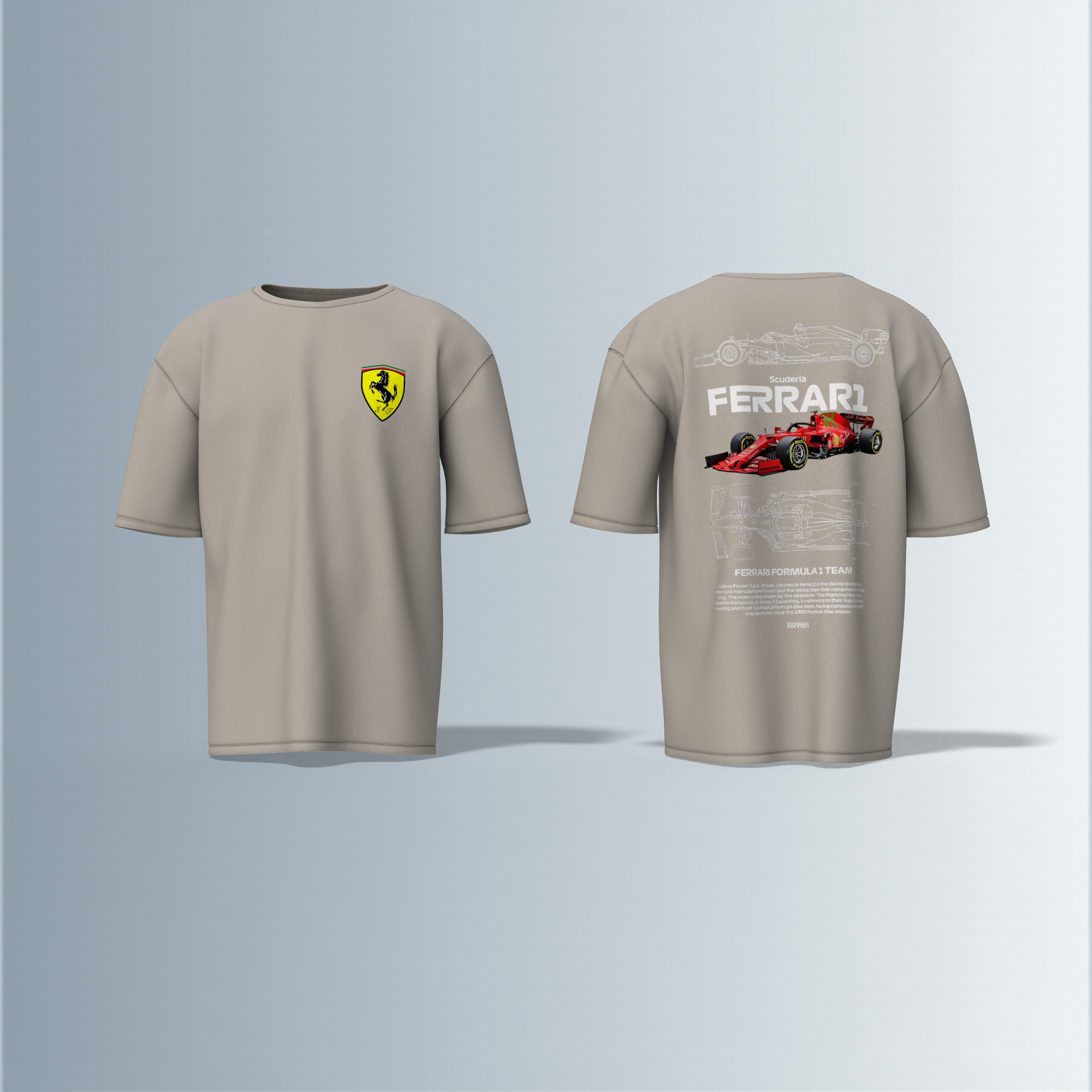 "Oversized Motorsport Streetwear T-Shirt – Scuderia Ferrari F1-Inspired Design with Technical Car Blueprints & Racing Graphics"