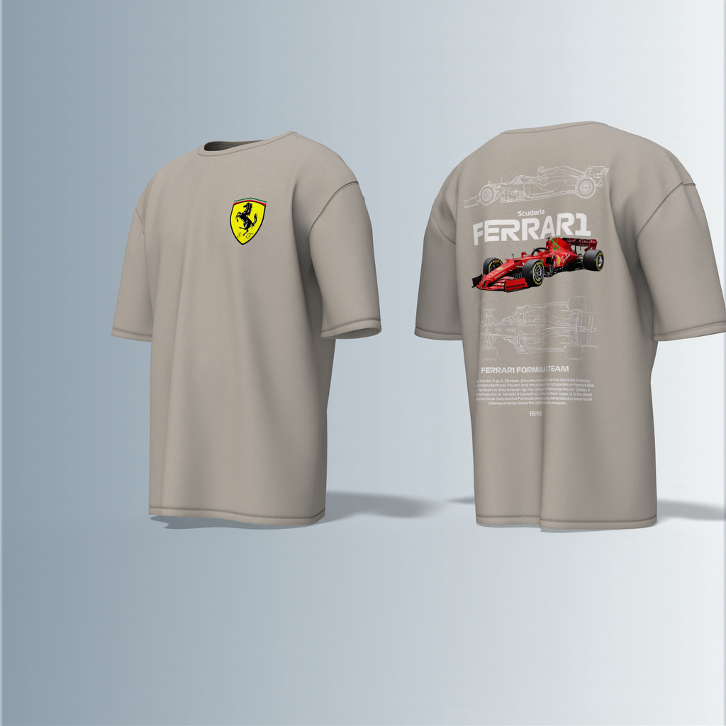 "Oversized Motorsport Streetwear T-Shirt – Scuderia Ferrari F1-Inspired Design with Technical Car Blueprints & Racing Graphics"