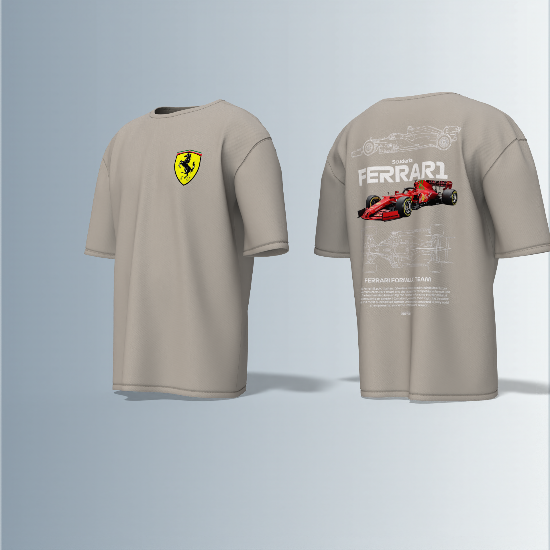 "Oversized Motorsport Streetwear T-Shirt – Scuderia Ferrari F1-Inspired Design with Technical Car Blueprints & Racing Graphics"