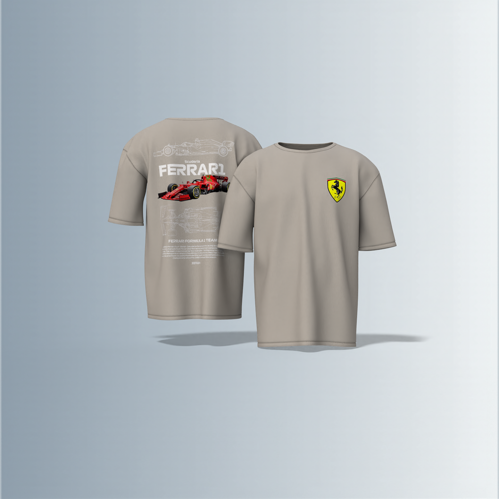"Oversized Motorsport Streetwear T-Shirt – Scuderia Ferrari F1-Inspired Design with Technical Car Blueprints & Racing Graphics"