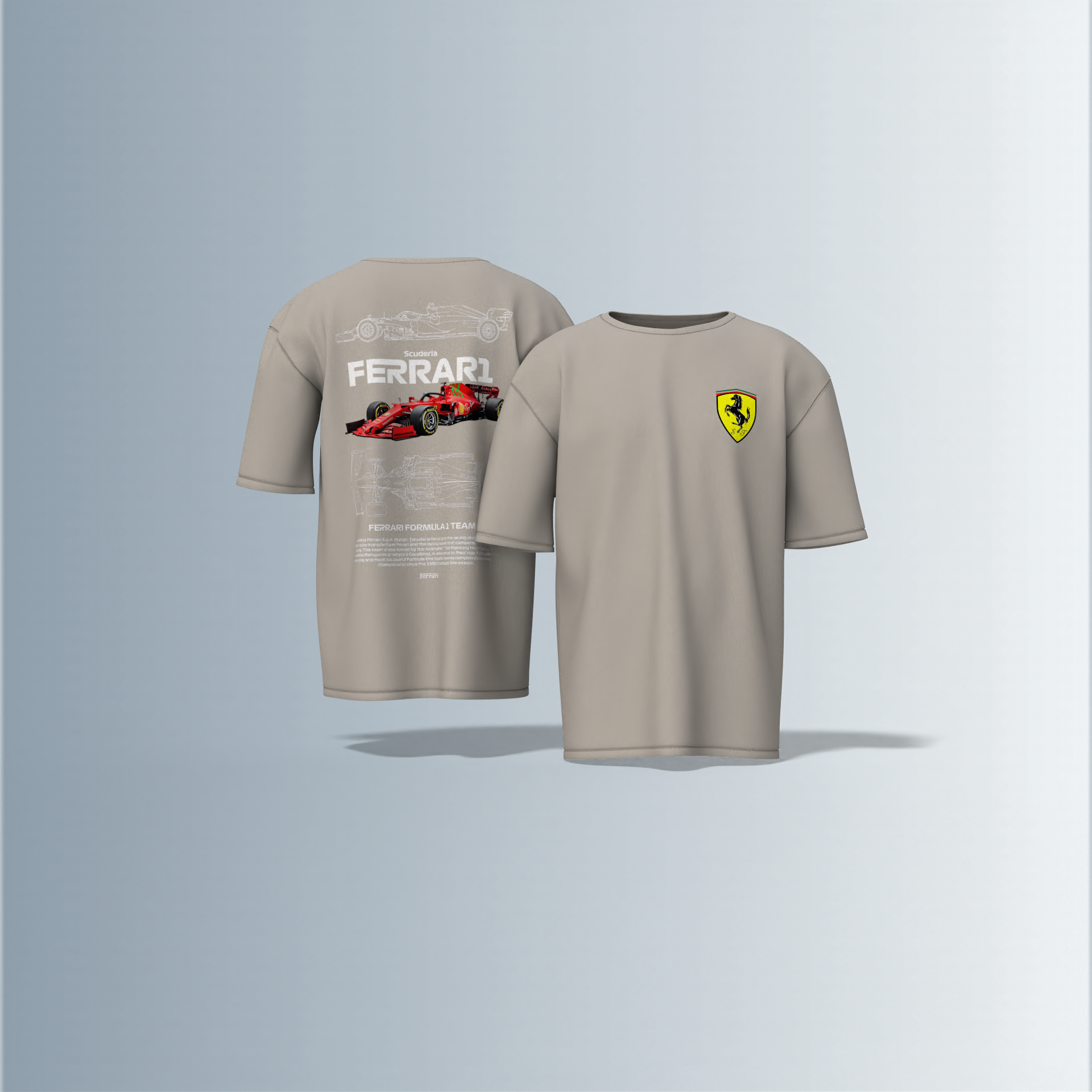 "Oversized Motorsport Streetwear T-Shirt – Scuderia Ferrari F1-Inspired Design with Technical Car Blueprints & Racing Graphics"