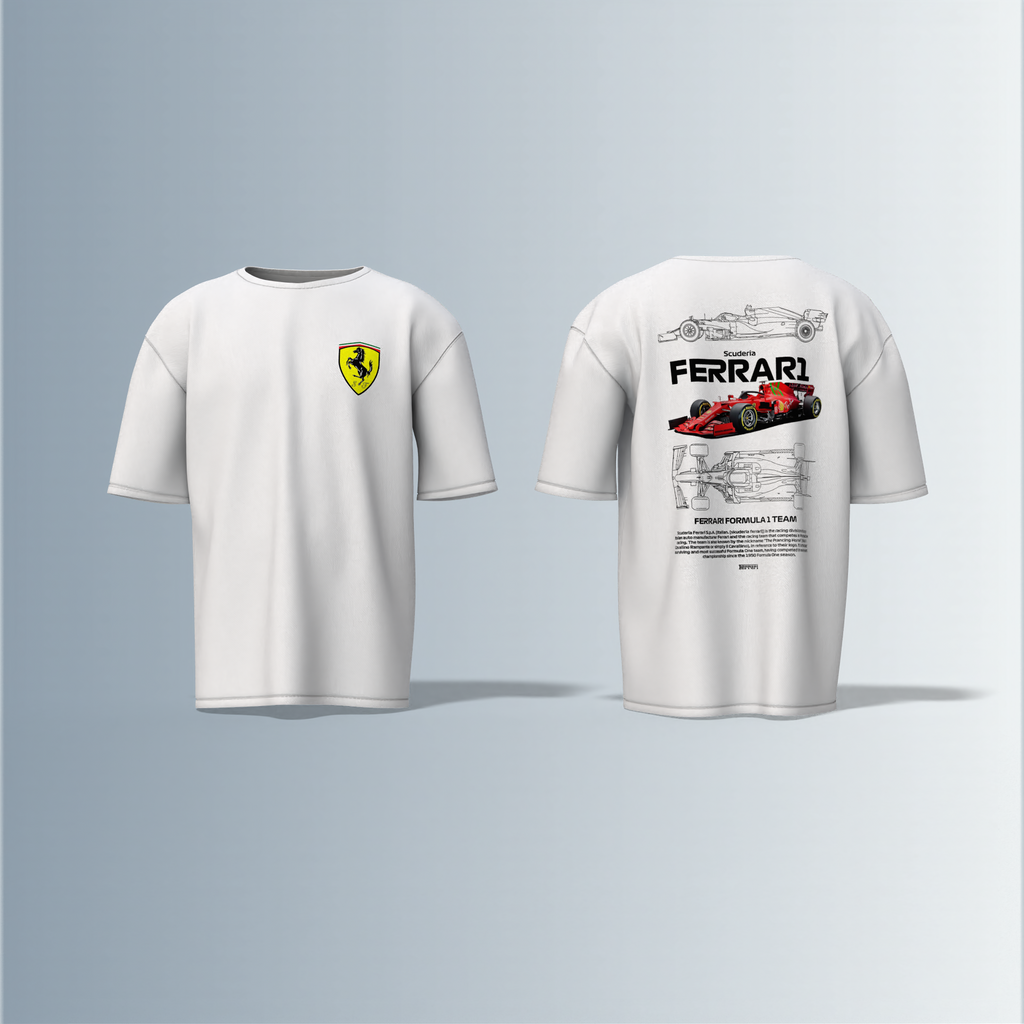 "Oversized Motorsport Streetwear T-Shirt – Scuderia Ferrari F1-Inspired Design with Technical Car Blueprints & Racing Graphics"